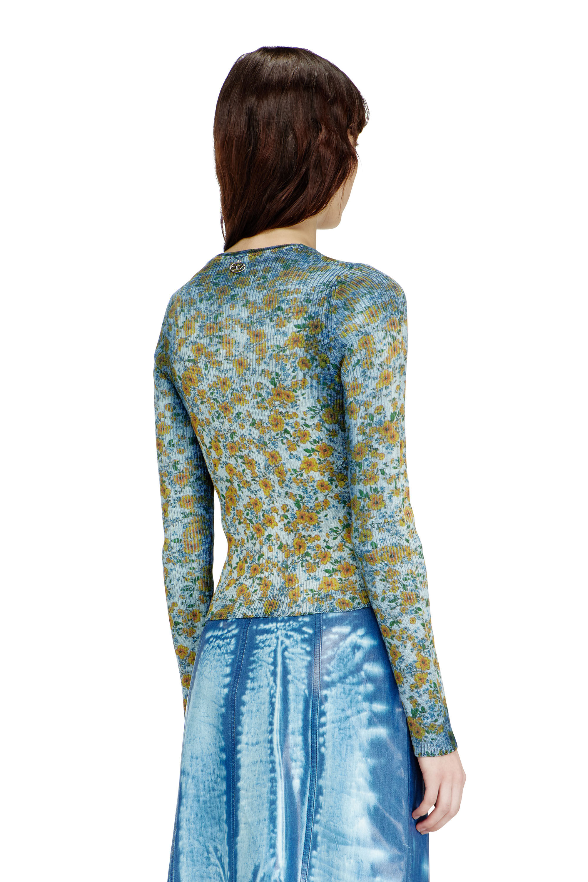 Diesel - M-EGE, Damen Rippenstrick-Top mit Blumenmuster im R&ouml;ntgen-Effekt in Blau - 4