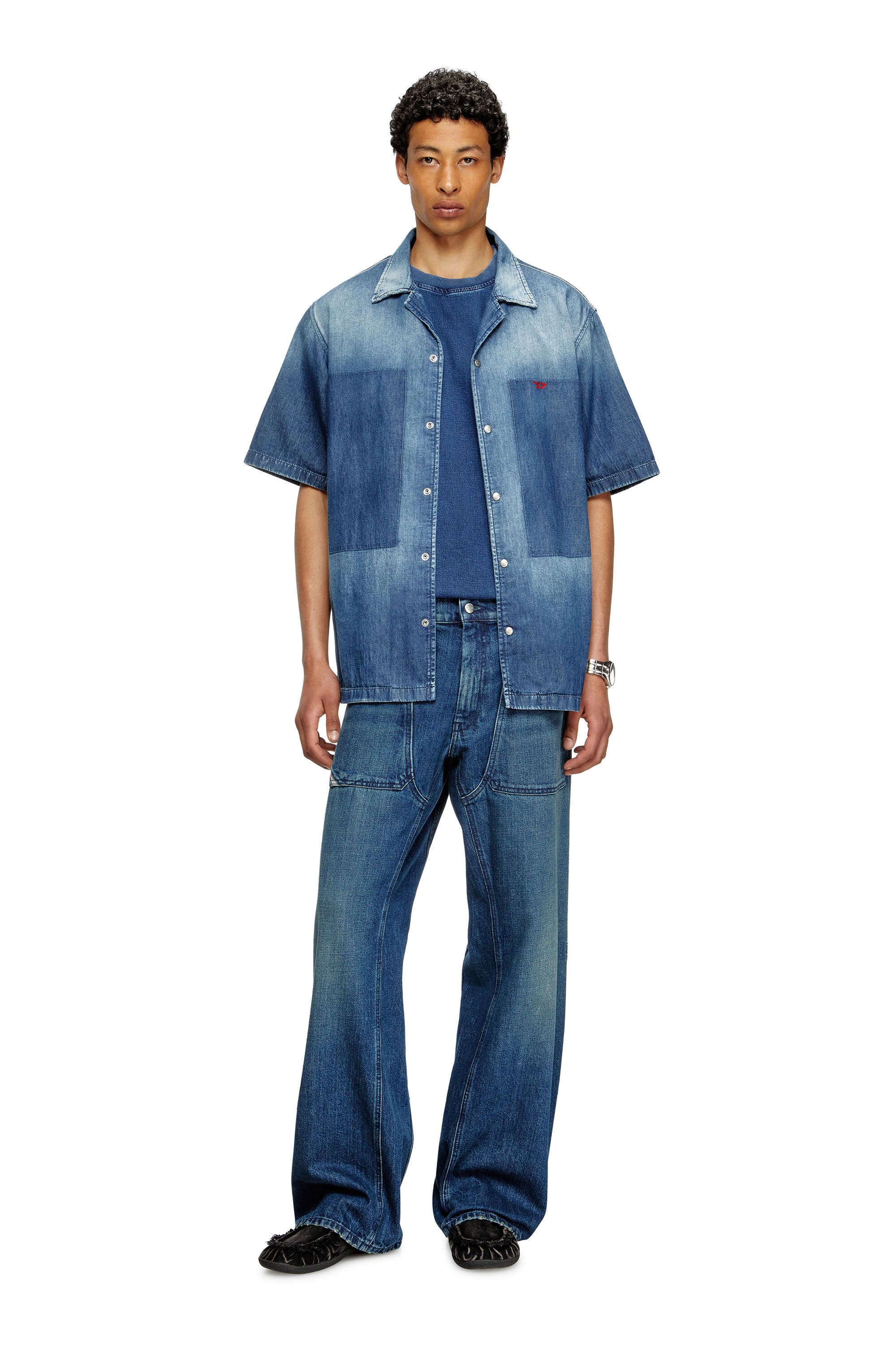 Diesel - D-NABIL-D, Herren Bowling-Hemd in Kontrast-Effekt-Denim in Mittelblau - 1