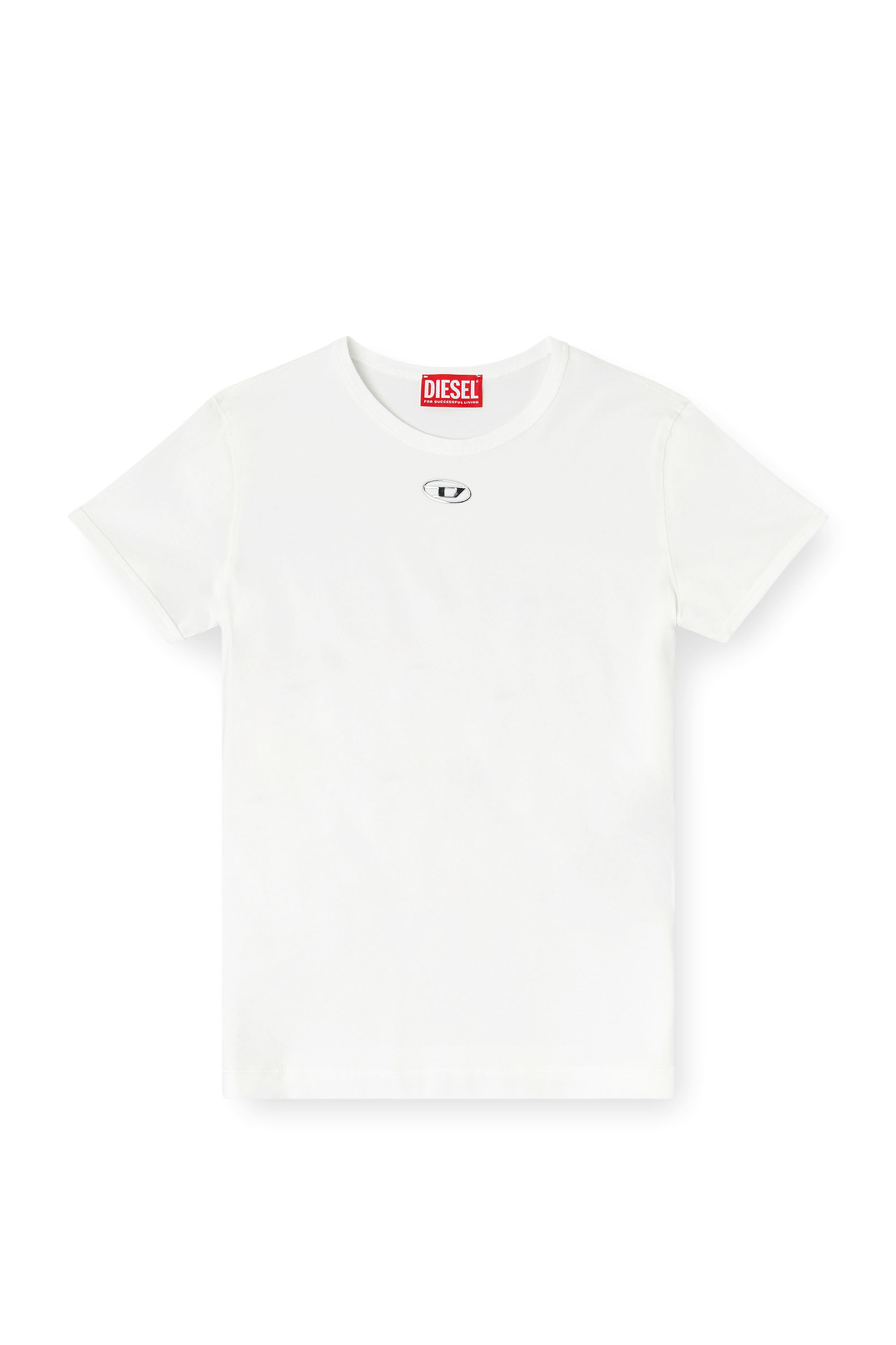 Diesel - T-UNCUTIESLONG-OD, Damen Schmal geschnittenes T-Shirt mit metallischem Oval D in Weiß - 2