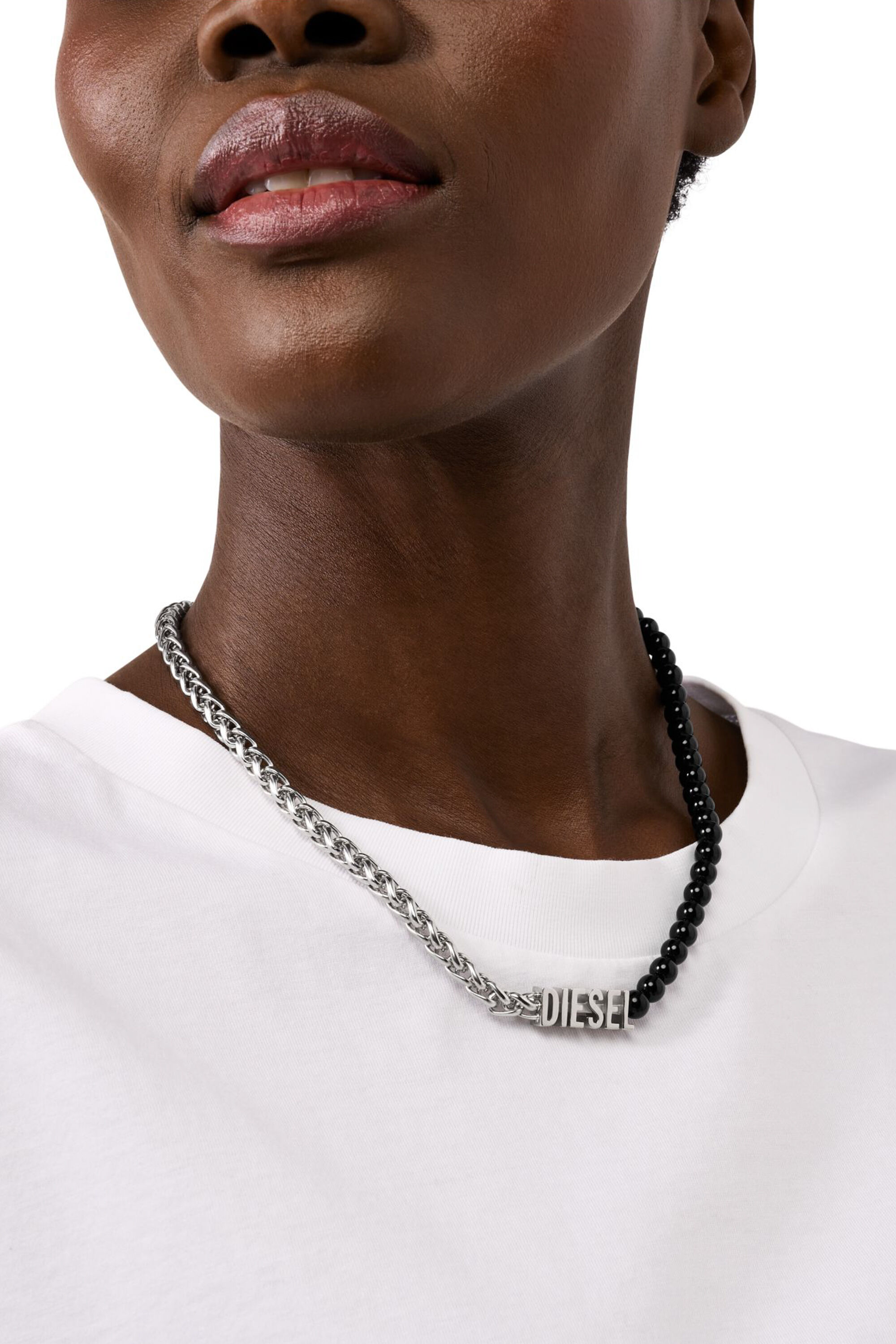 Diesel - DX1543040 JEWEL, Unisex Gliederkette mit schwarzen Achatperlen in Silber/Schwarz - 4