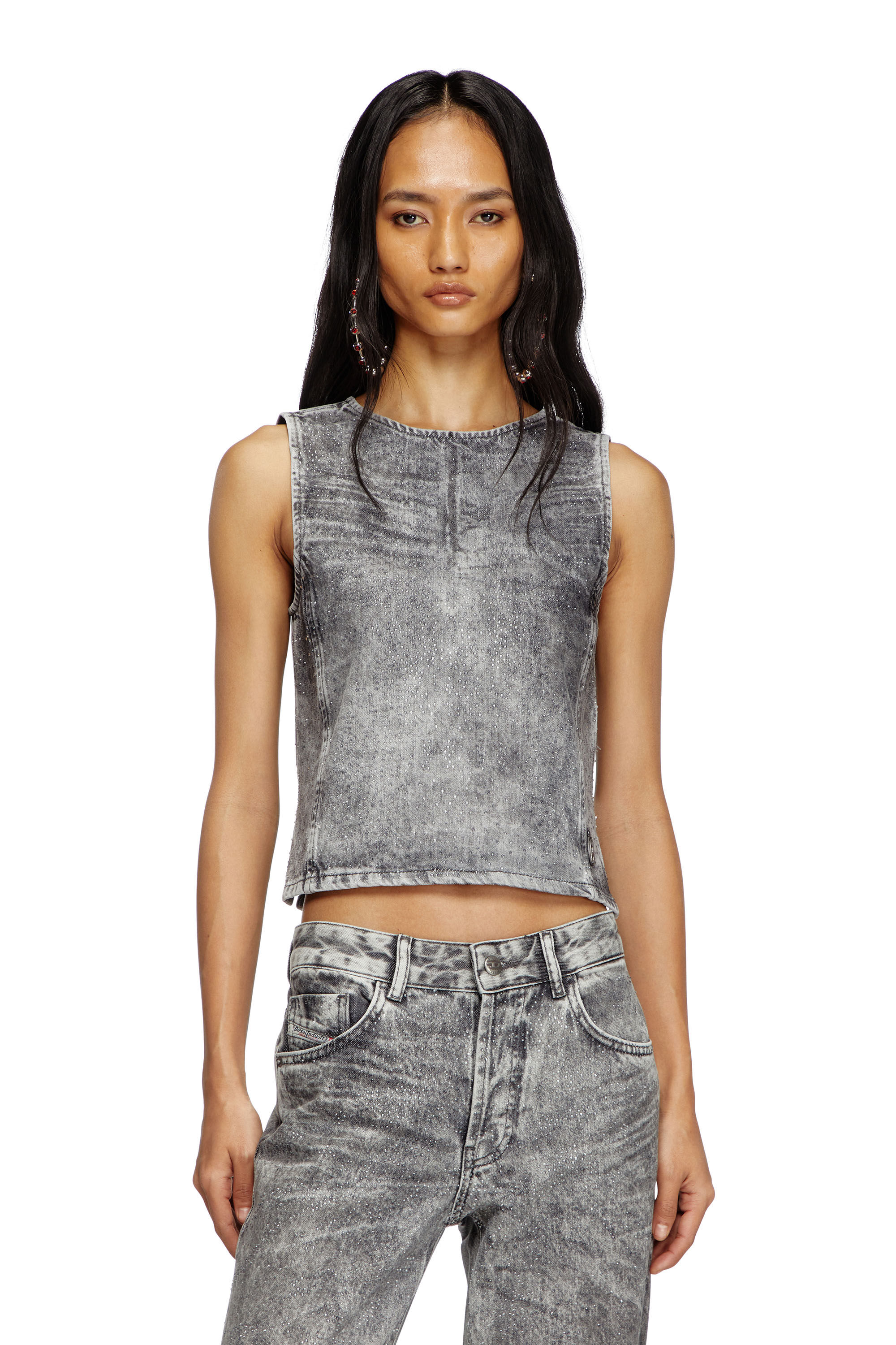 Diesel - DE-PINAR-S, Damen Ärmelloses Top aus Kristall-Denim in Dunkelgrau - 3