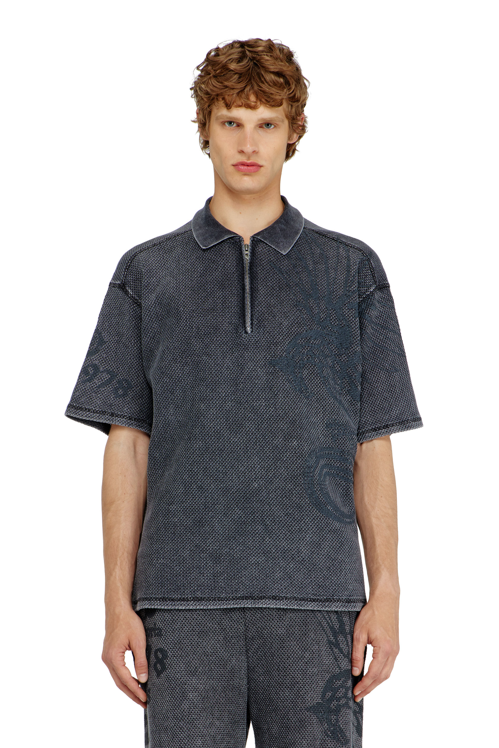 Diesel - T-ERRY-ZIP, Herren Mesh-Jacquard-Poloshirt mit Phoenix-Print in Dunkelgrau - 3