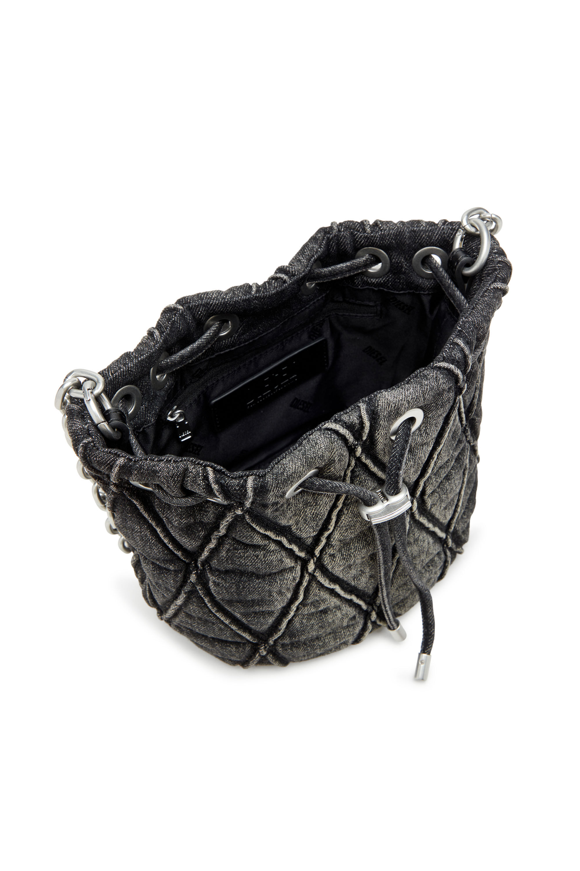 Diesel - CHARM-D BUCKET S, Damen Charm-D S-Mini-Beuteltasche aus behandeltem, gestepptem Denim in Schwarz - 5