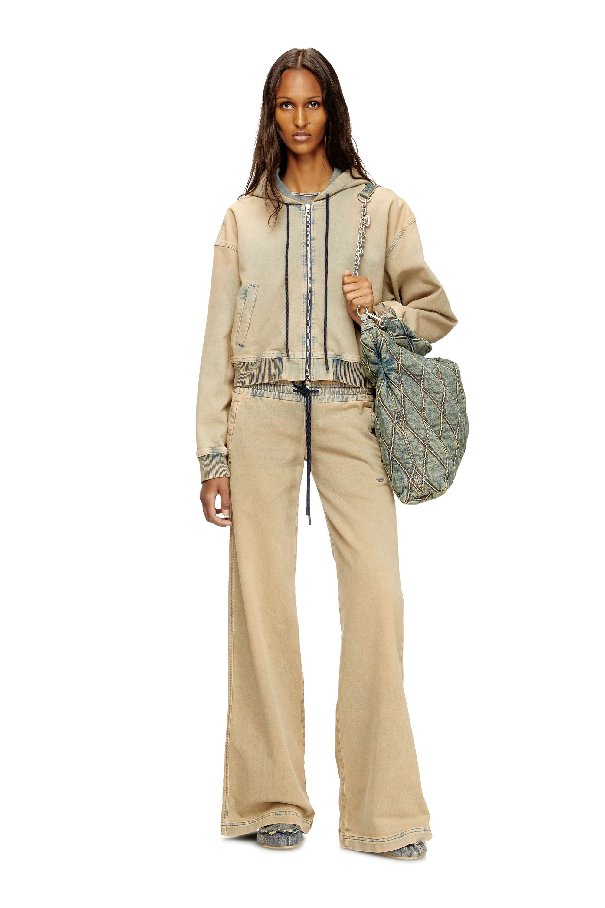 Diesel - DE-GIRI-CROP JOGG, Damen Reißverschluss-Kapuzenpullover aus farbigen JoggJeans in Beige/Blau - 1