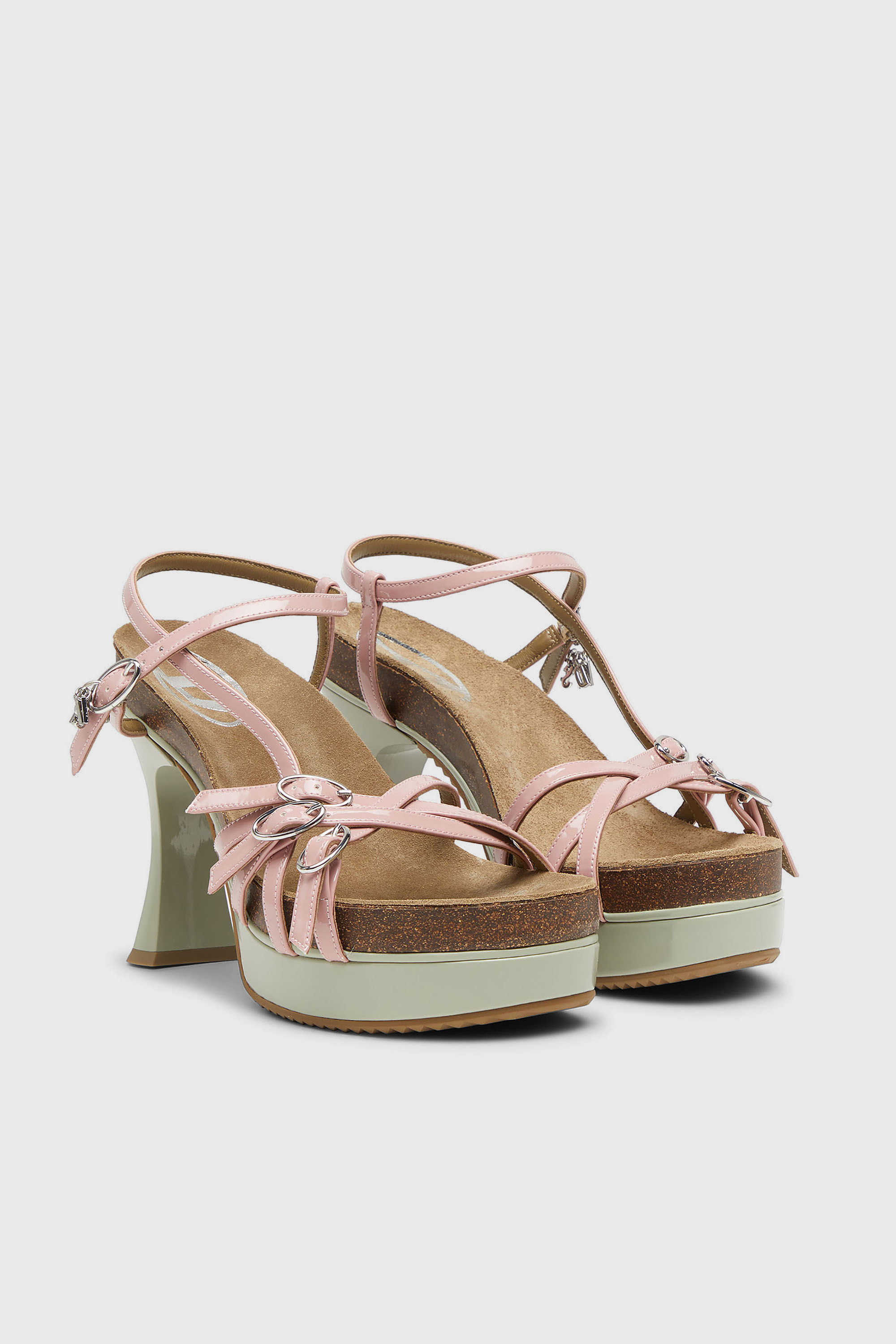 Diesel - D-WOODSTOCK 105 SANDAL, Damen D-Woodstock-Riemchen-Plateausandalen aus gl&auml;nzendem PU in Rosa/Weiss - 2