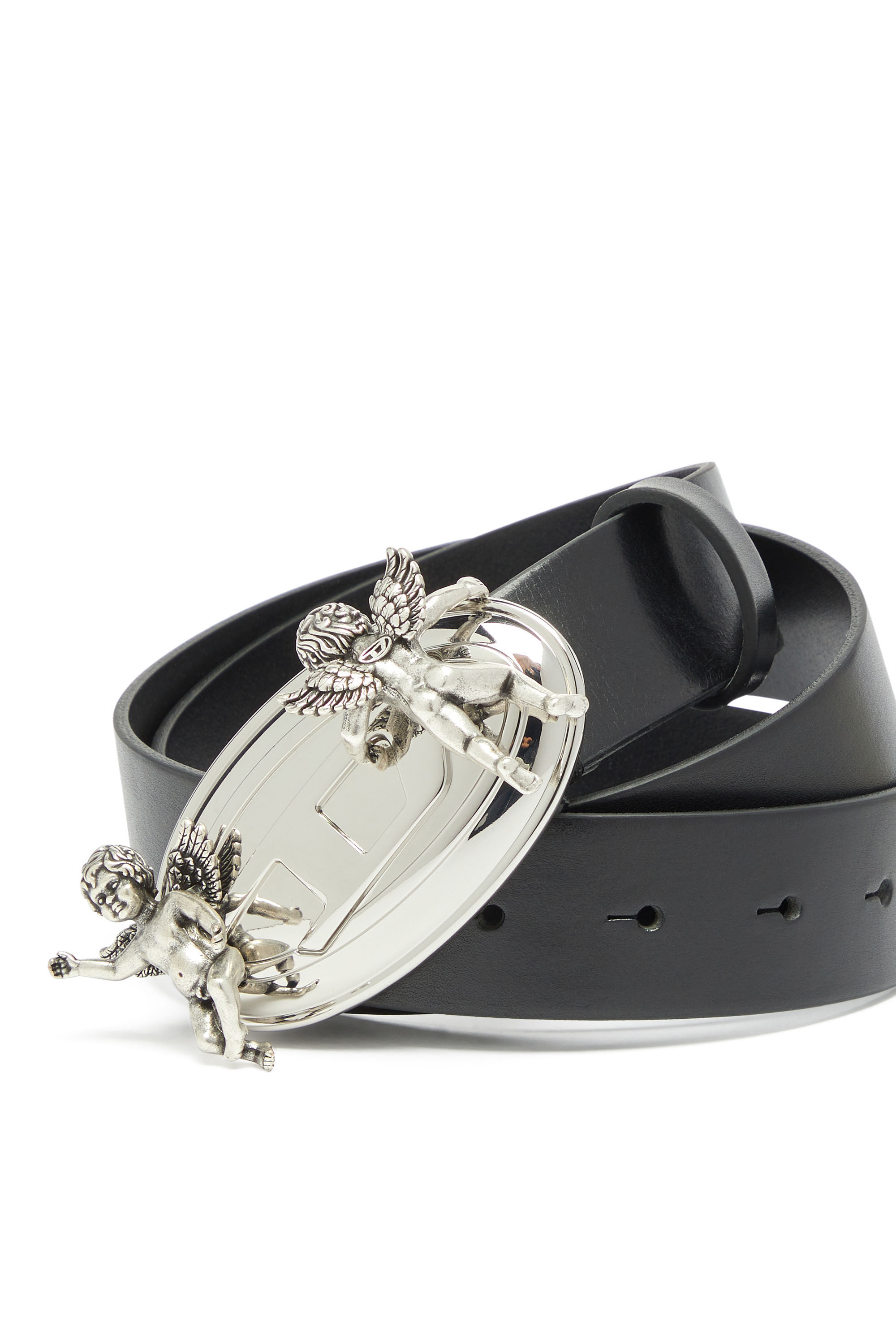 Diesel - B-OVAL ANGELS 35, Damen 3,5 cm Lederg&uuml;rtel mit Oval D Schnalle und Cherub in Schwarz - 3