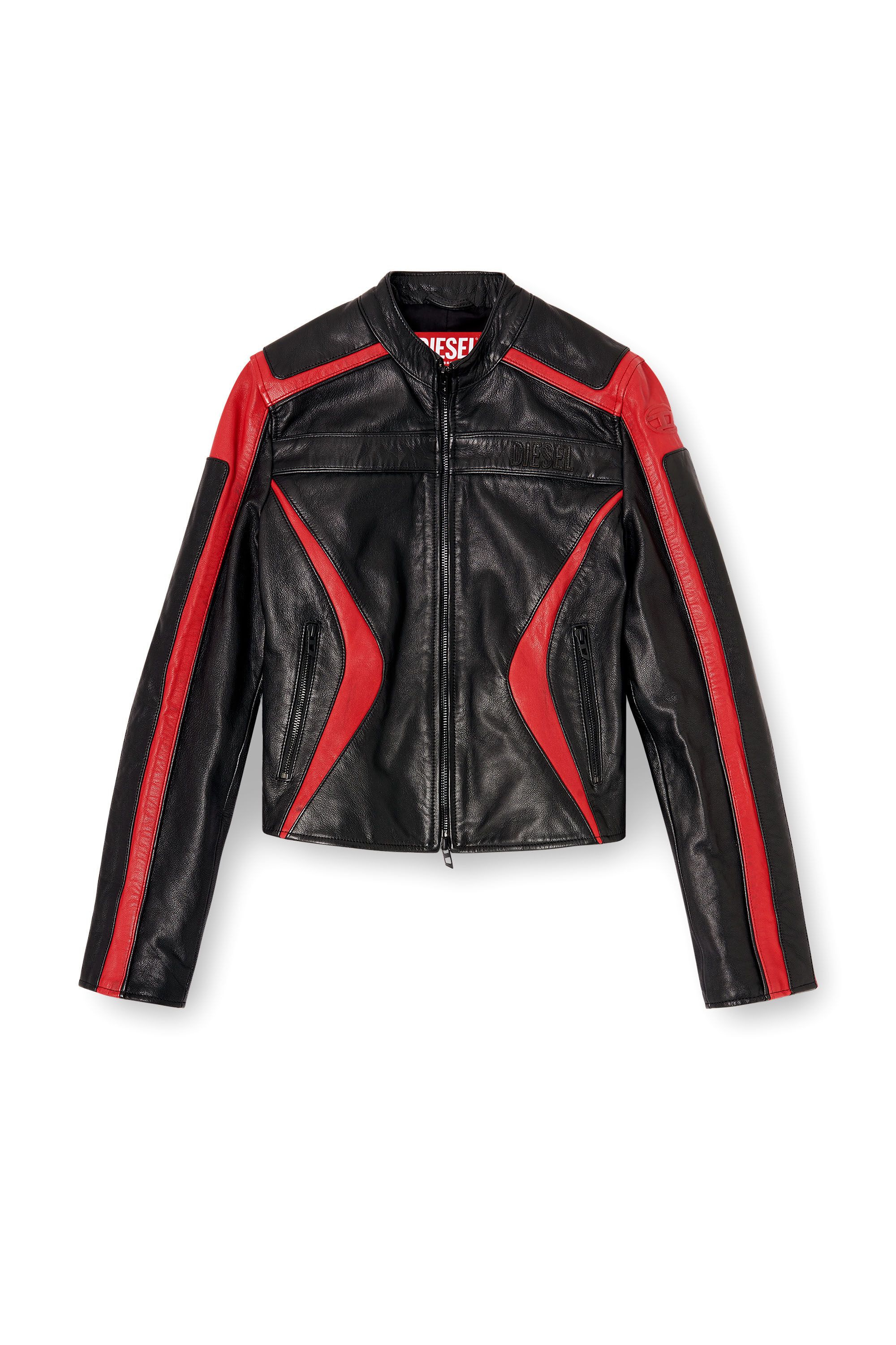 Diesel - L-OVABLE, Damen Bikerjacke aus Leder im Colour-Block-Design in Schwarz/Rot - 2