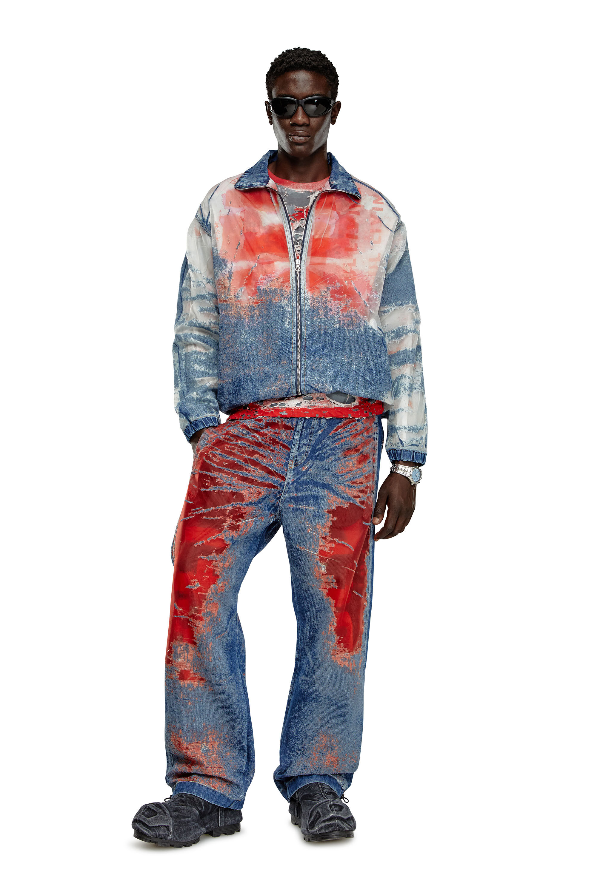 Diesel - D-KRAP-FSE, Herren Jacke aus Dévoré-Denim mit Logo in Blau/Rot - 1