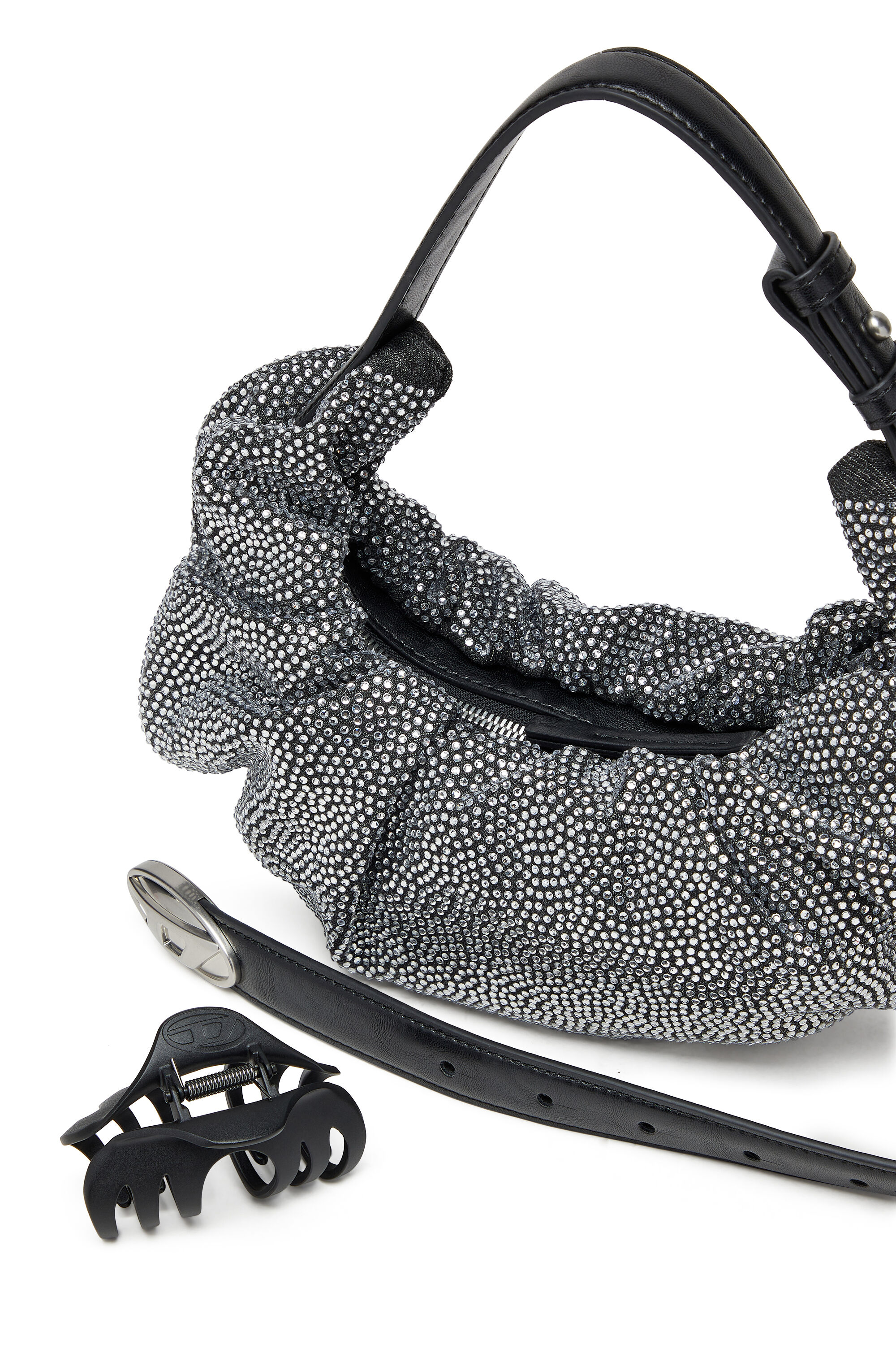 Diesel - GRAB-D HOBO S, Damen Kleine zerknitterte Hobo-Tasche aus Crystal Denim in Schwarz - 5