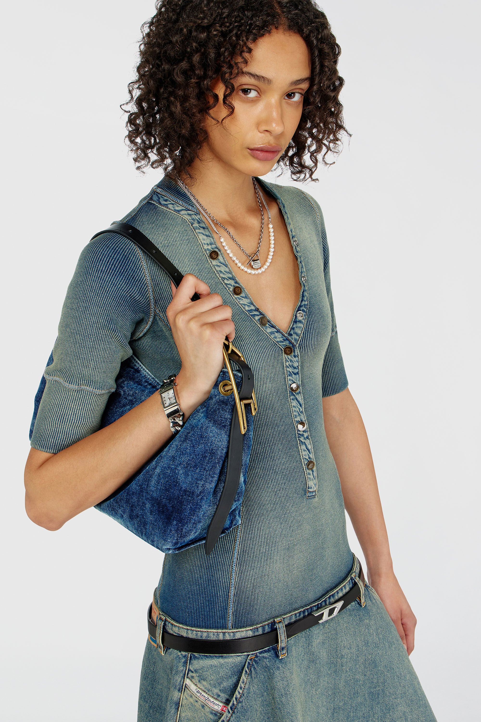 Diesel - DE-ANIM-S, Damen Midikleid mit tiefer Taille aus Strick und Denim in Mittelblau - 5