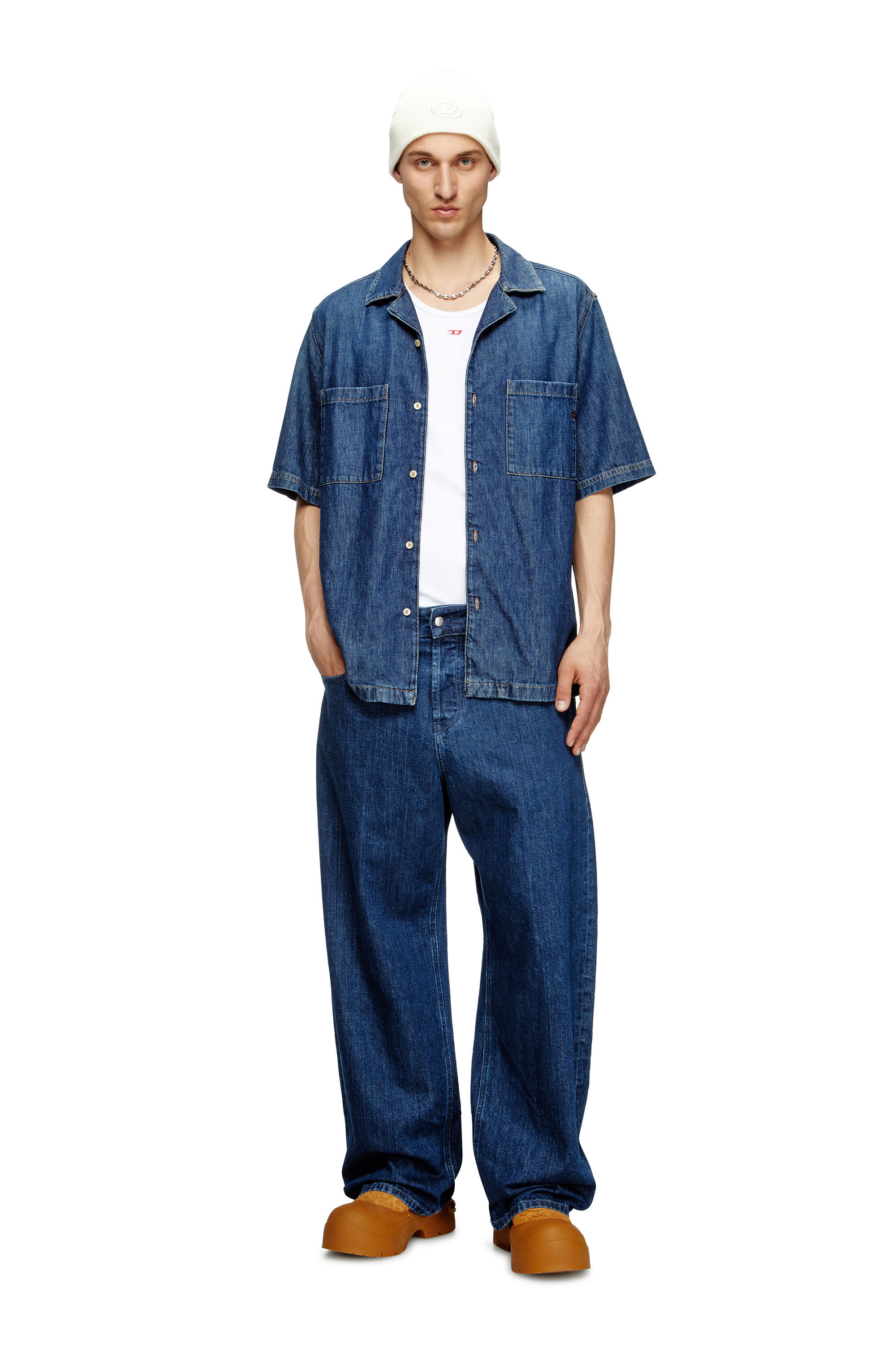 Diesel - D-PAROSHORT, Herren Bowling-Shirt aus Denim in Dunkelblau - 1