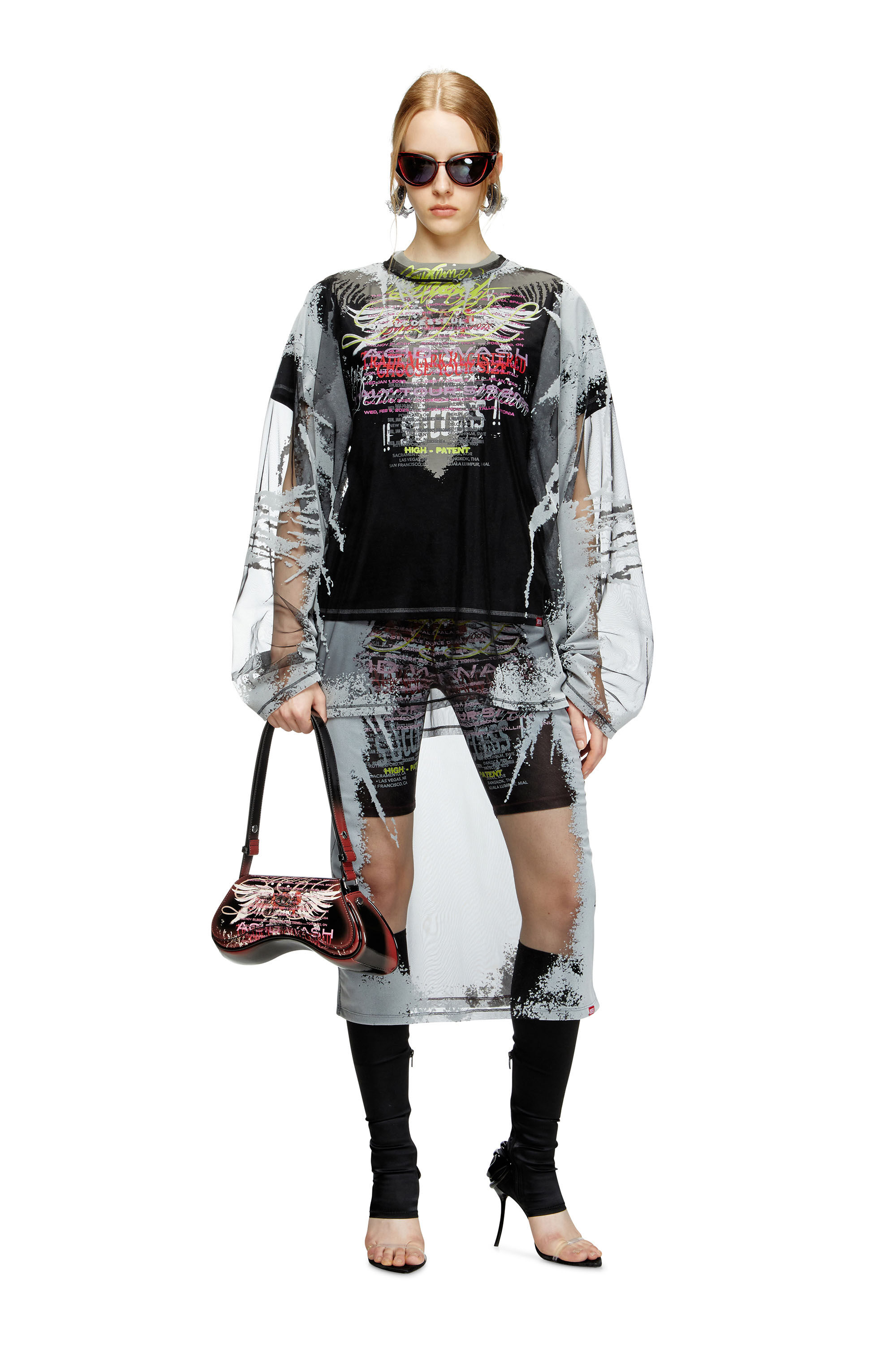 Diesel - O-LYAC, Damen Mehrlagiger Midi-Rock mit Text-Print in Schwarz/Grau - 1