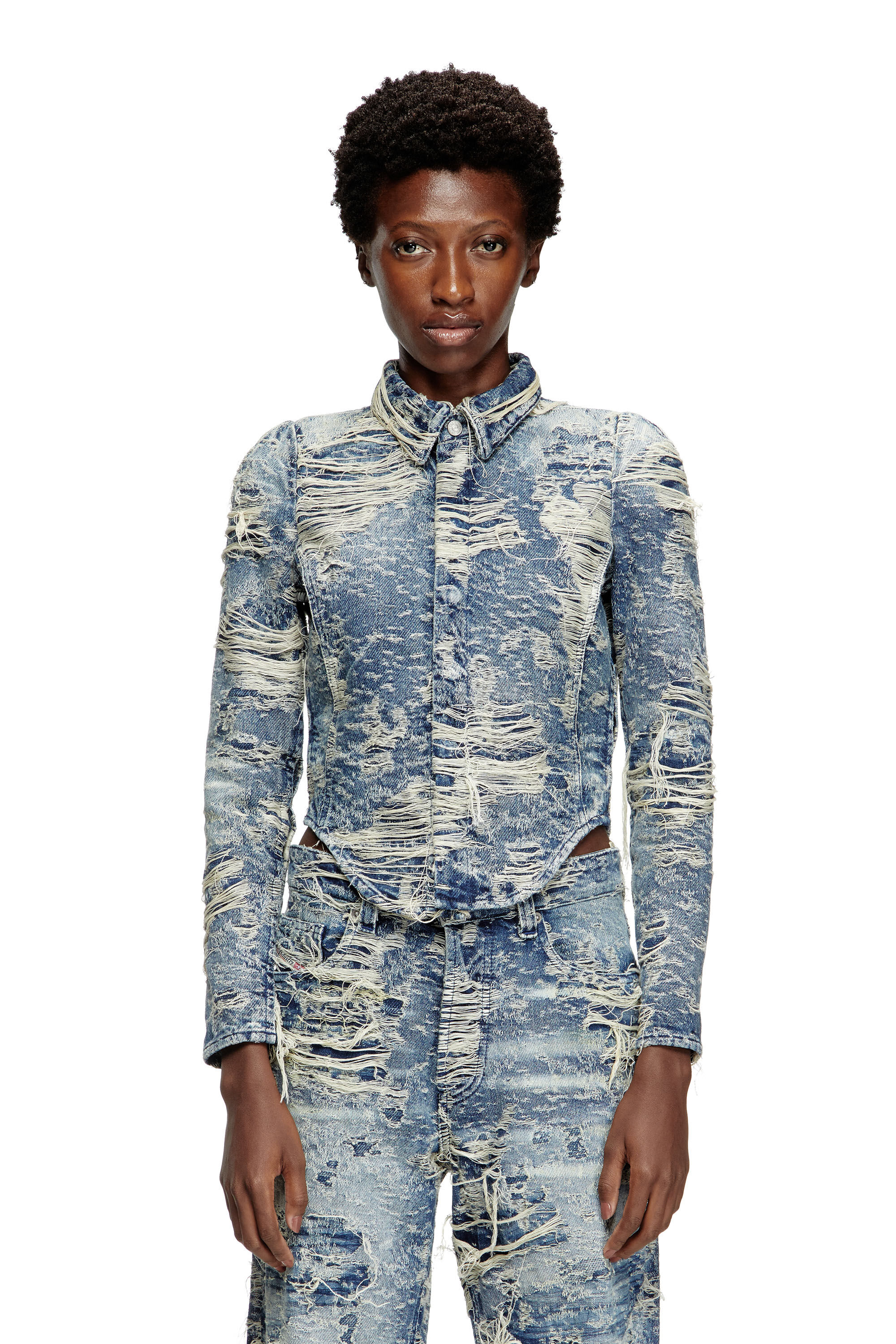 Diesel - DE-MADELINE-FSG, Damen Hemd aus Jacquard-Denim mit fließenden Fäden in Mittelblau - 3