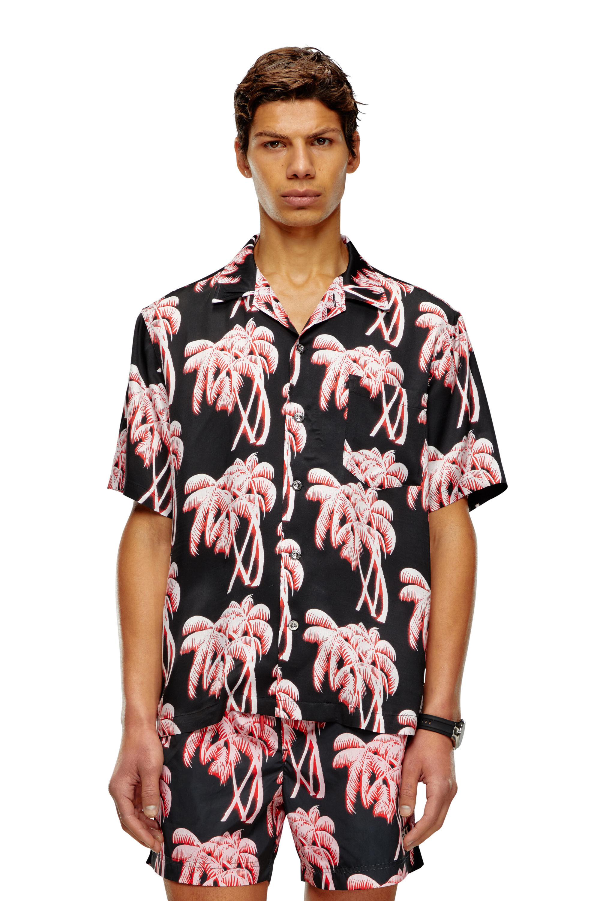 Diesel - BMOWT-ADRIAN, Herren Strandshirt mit Palmen-Print in Schwarz/Rosa - 5