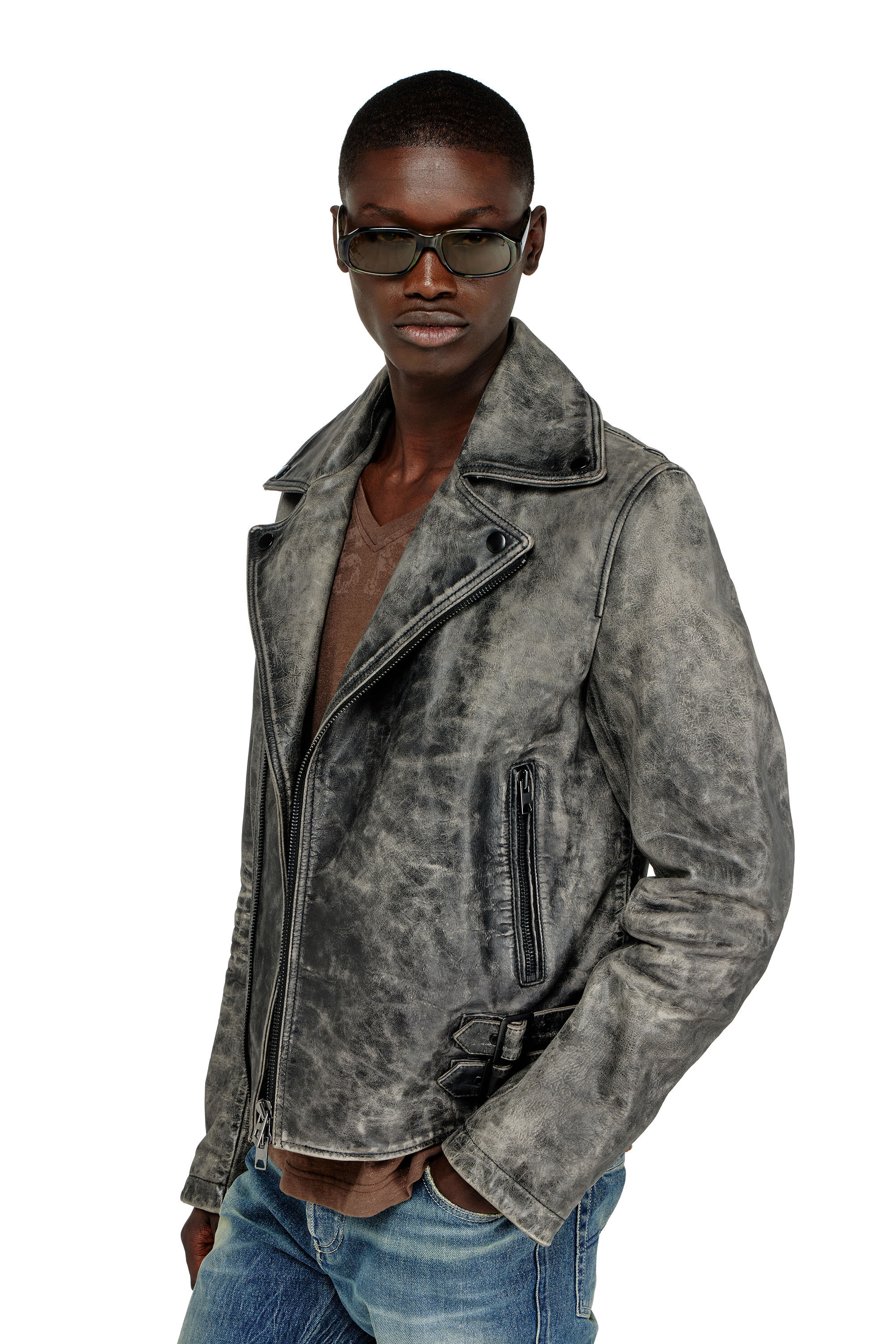 Diesel - L-EON-CJCM, Herren Biker-Jacke aus behandeltem Leder in Dunkelgrau - 5