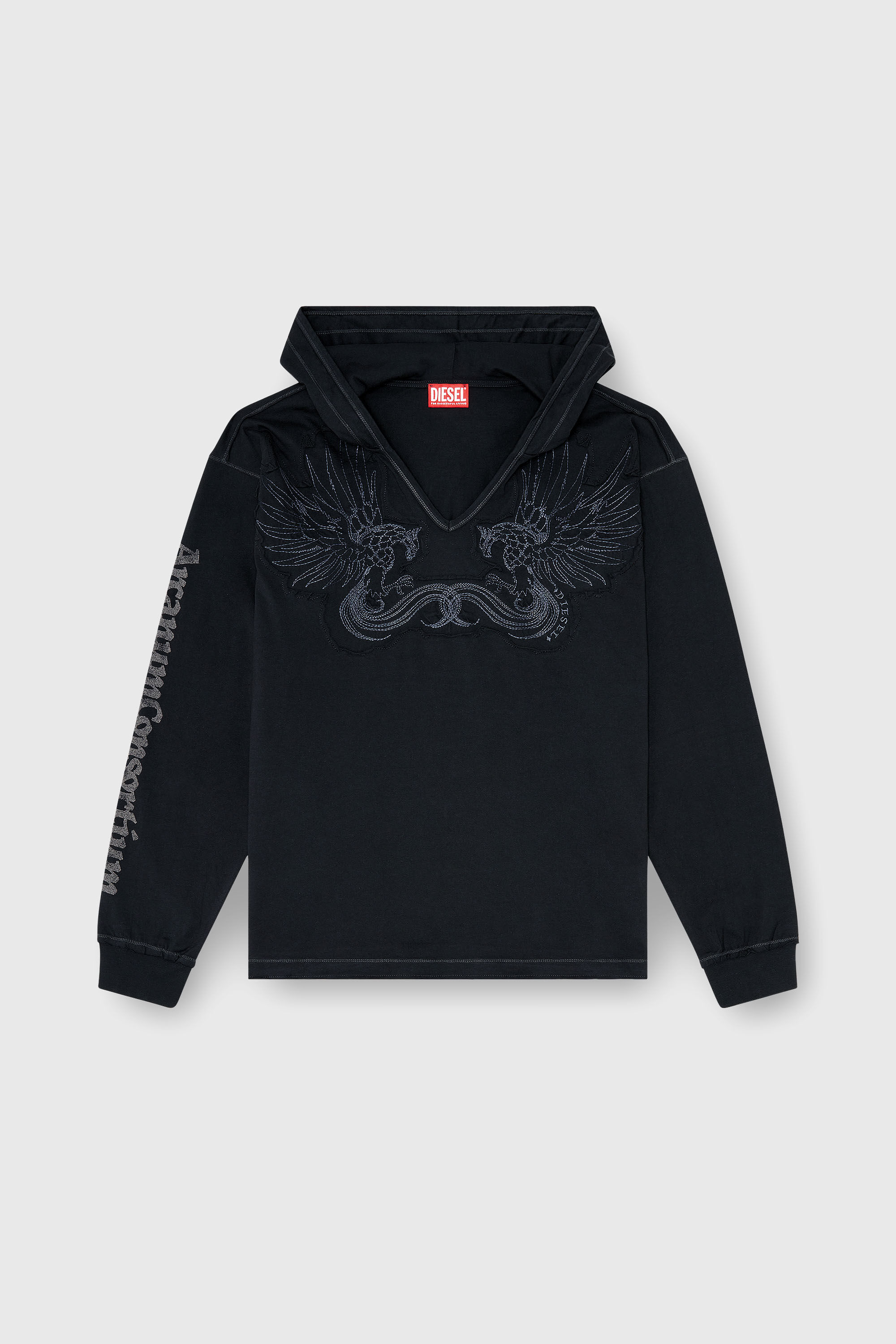 Diesel - T-PHEN-LS-HOOD-RIB, Herren Kapuzenpullover mit V-Ausschnitt und Stickerei vorn in Schwarz - 2