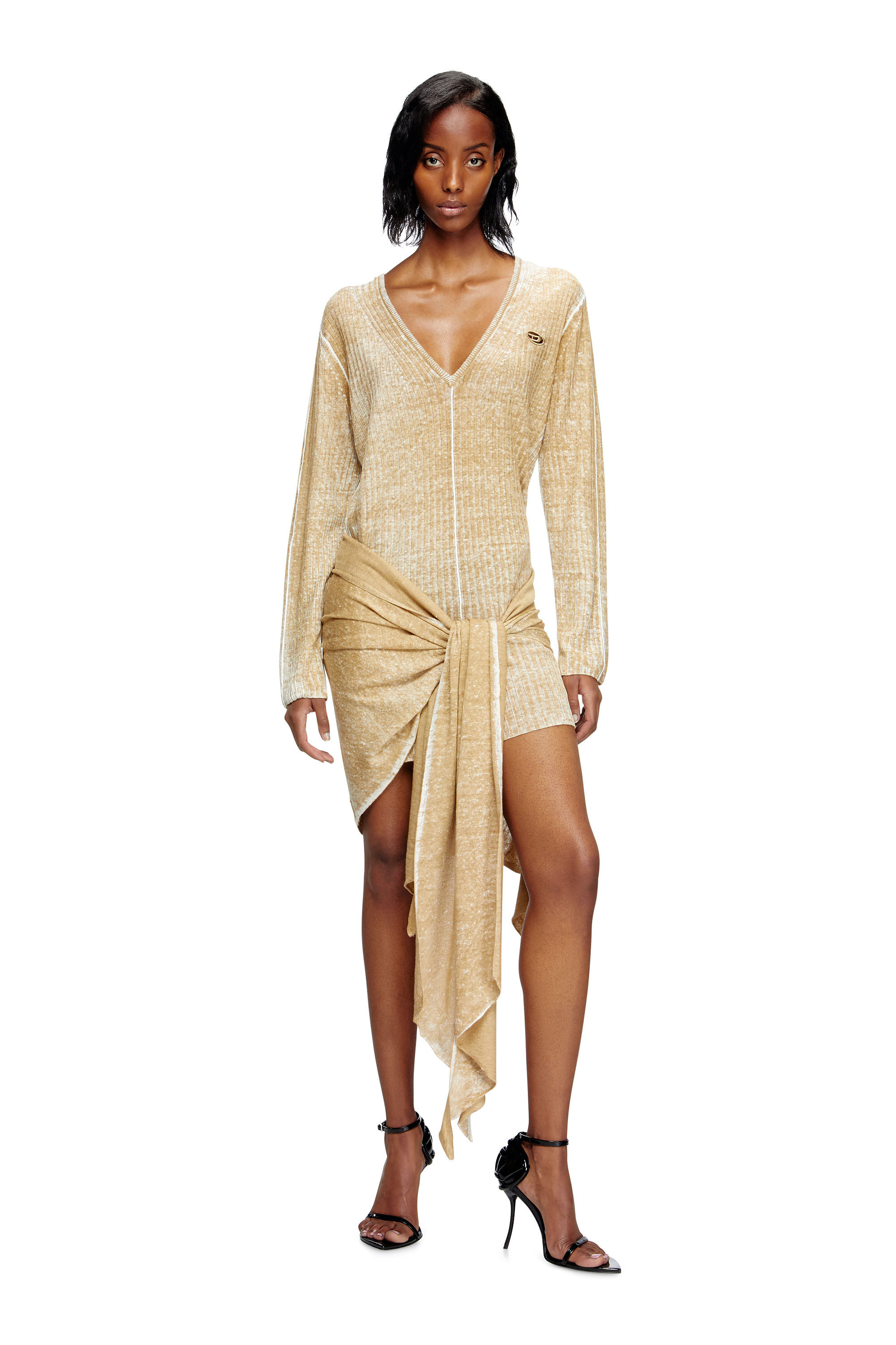 Diesel - M-EGAKNOT, Damen Gestricktes Kleid mit Hüftbindung in Beige - 3