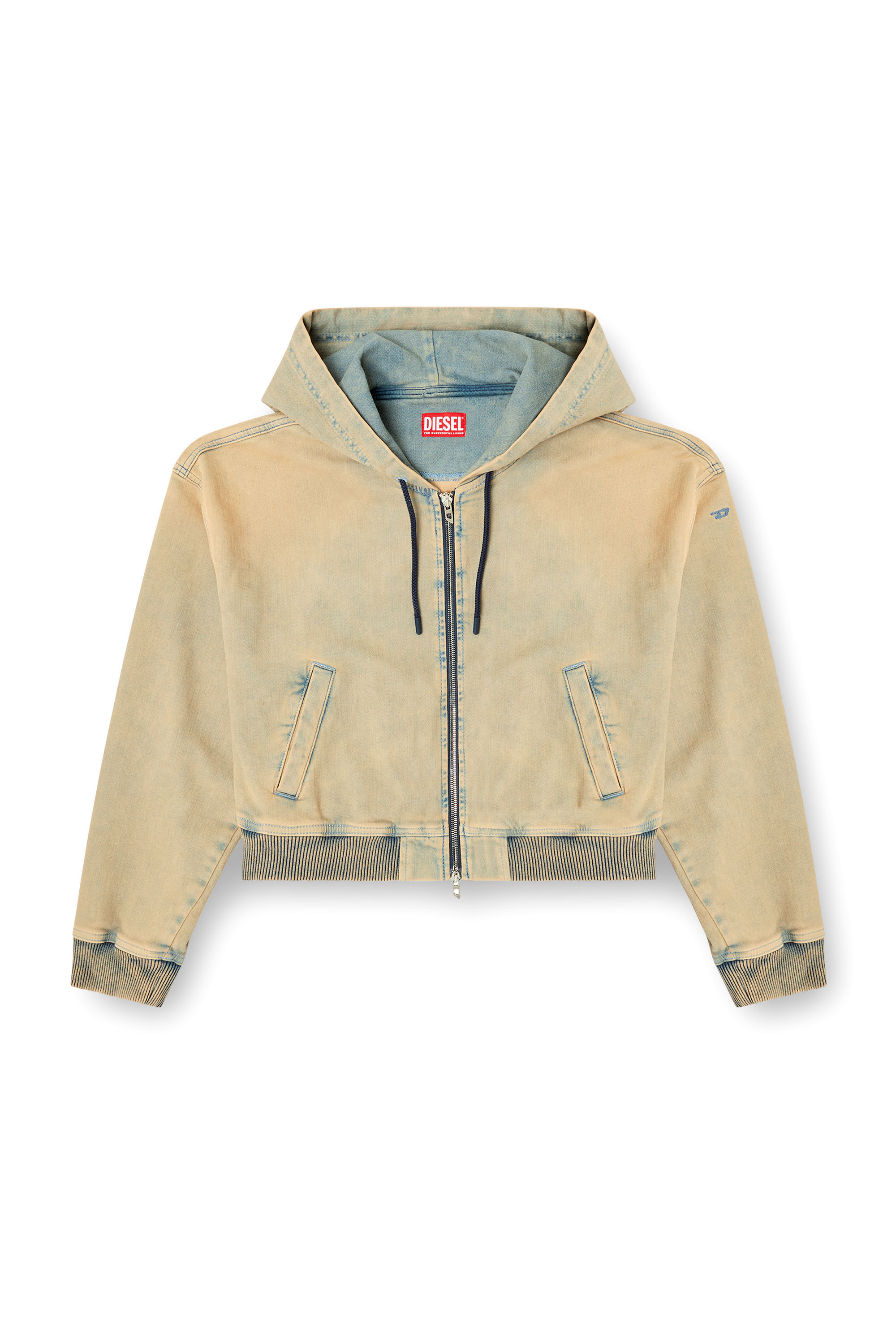 Diesel - DE-GIRI-CROP JOGG, Damen Reißverschluss-Kapuzenpullover aus farbigen JoggJeans in Beige/Blau - 2