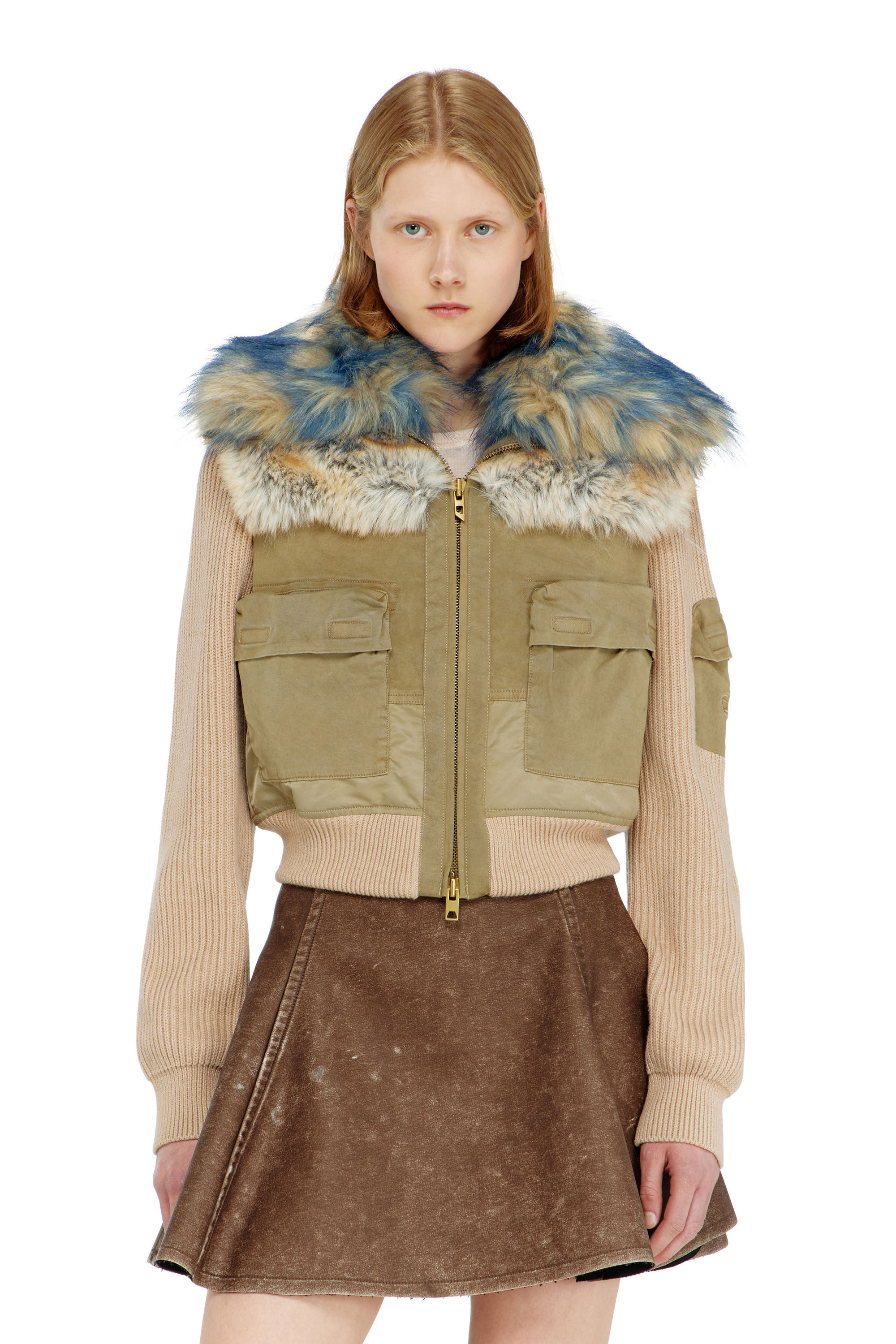 Diesel - G-USTAV, Woman's Bomber jacket with rib-knit and plush trims in Beige - 3