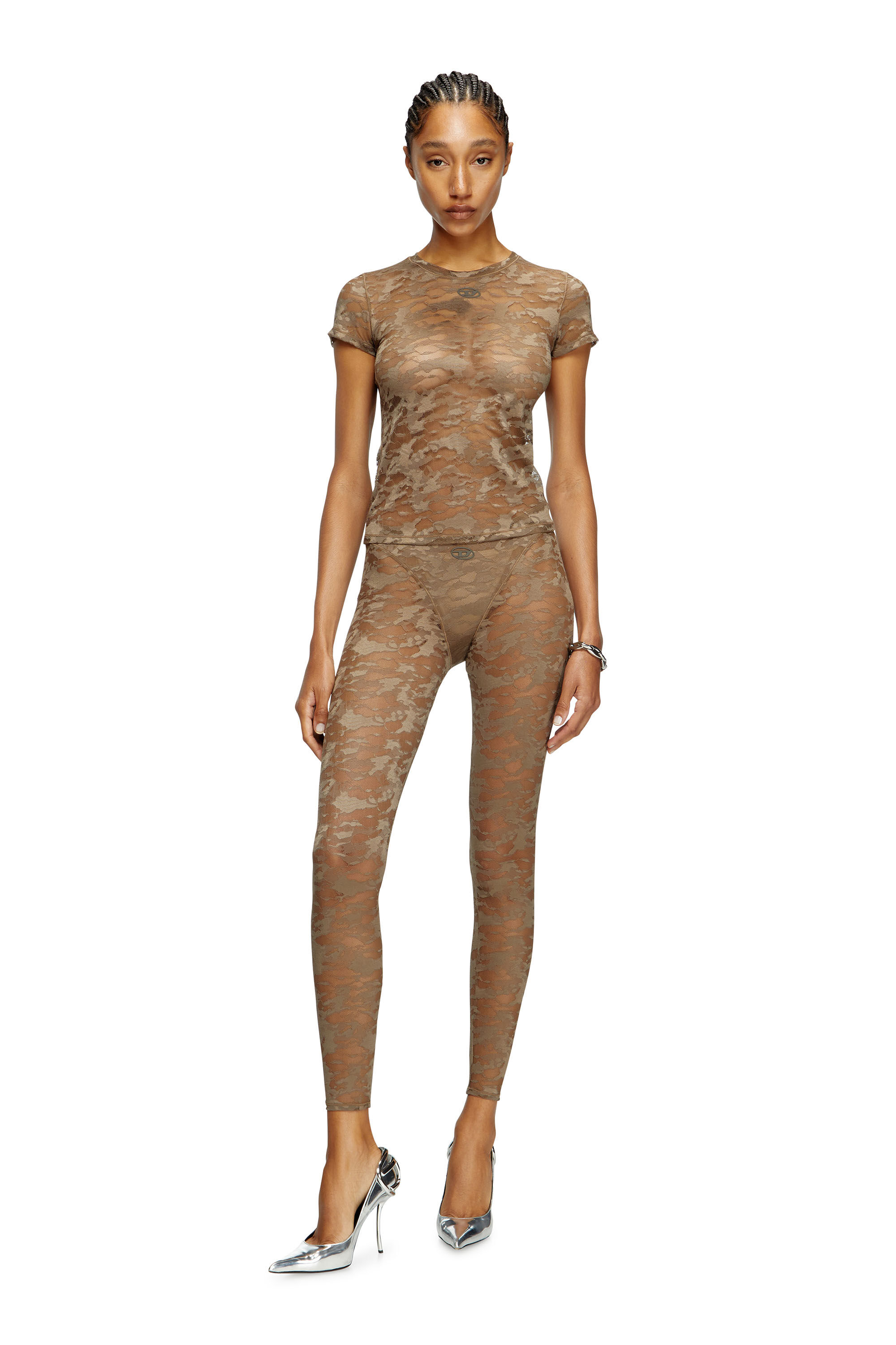 Diesel - KASIA-UTLT, Damen T-Shirt mit Camouflage-Spitze in Braun - 1