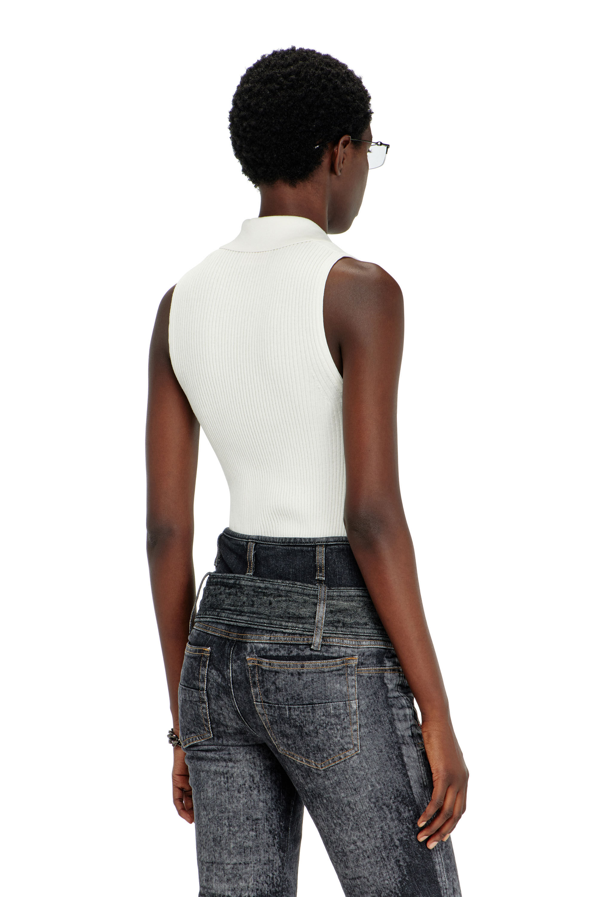 Diesel - M-LILITA, Damen &Auml;rmelloses Polo-Top aus Rippstrick mit Seidenmix in Wei&szlig; - 4