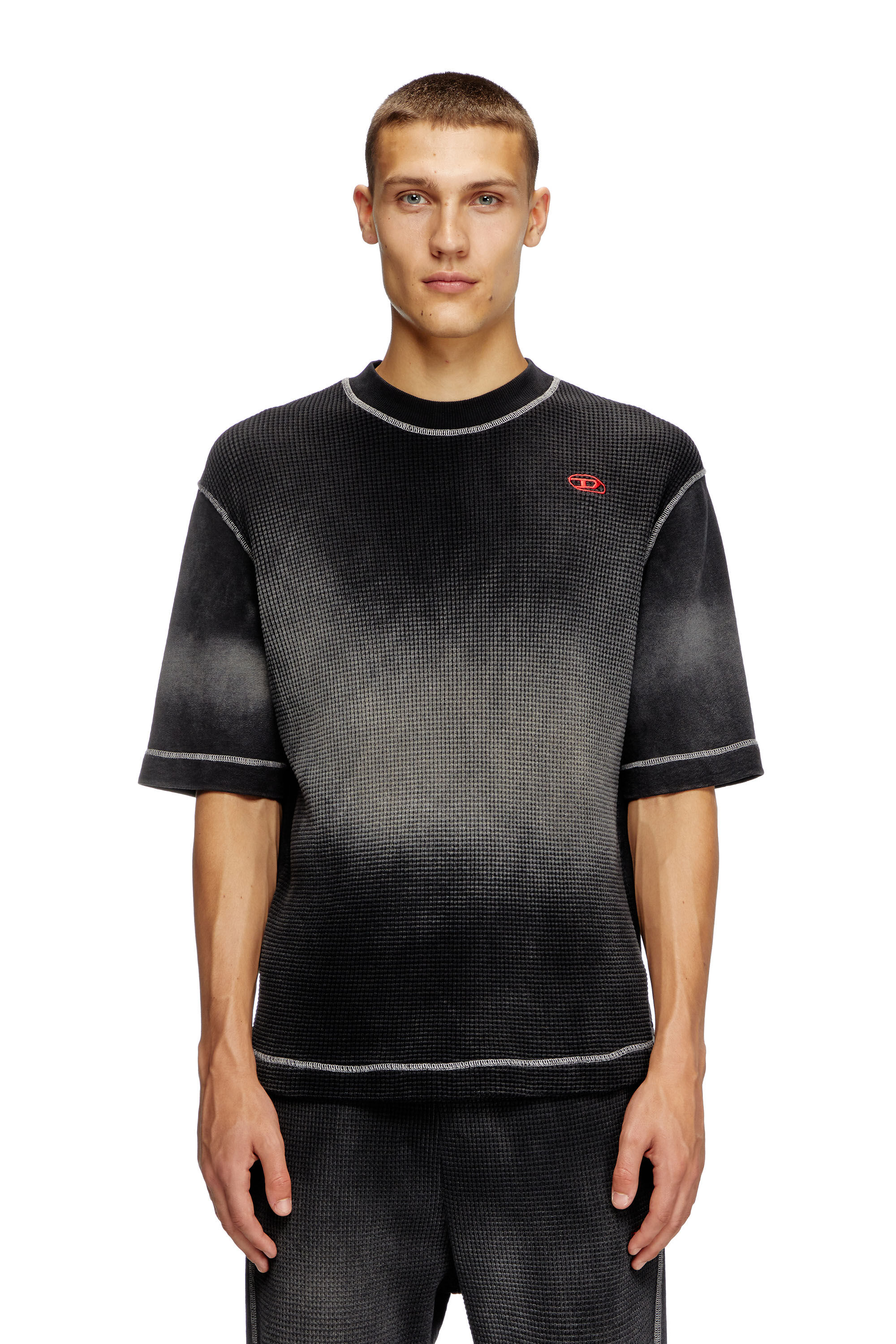 Diesel - S-WAFYCOL, Herren Sweatshirt mit halblangen Ärmeln aus Waffelstoff und Jersey in Schwarz - 3