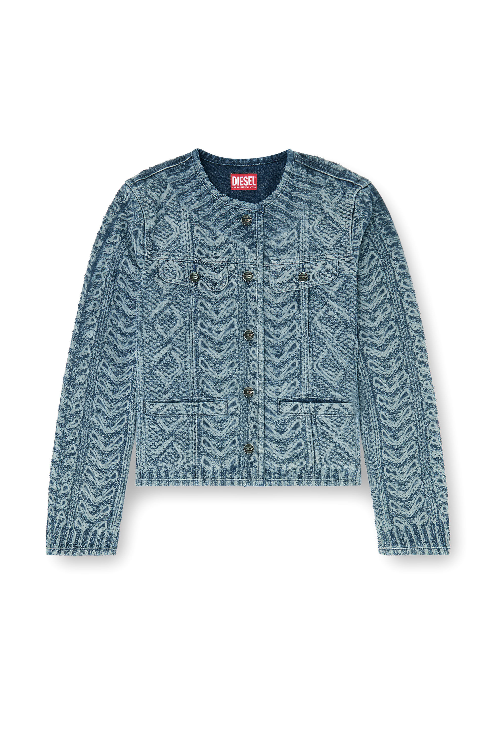Diesel - DE-GRAFY-S2, Damen Kragenlose Jacke aus Denim mit Zopfmuster-Effekt in Dunkelblau - 2