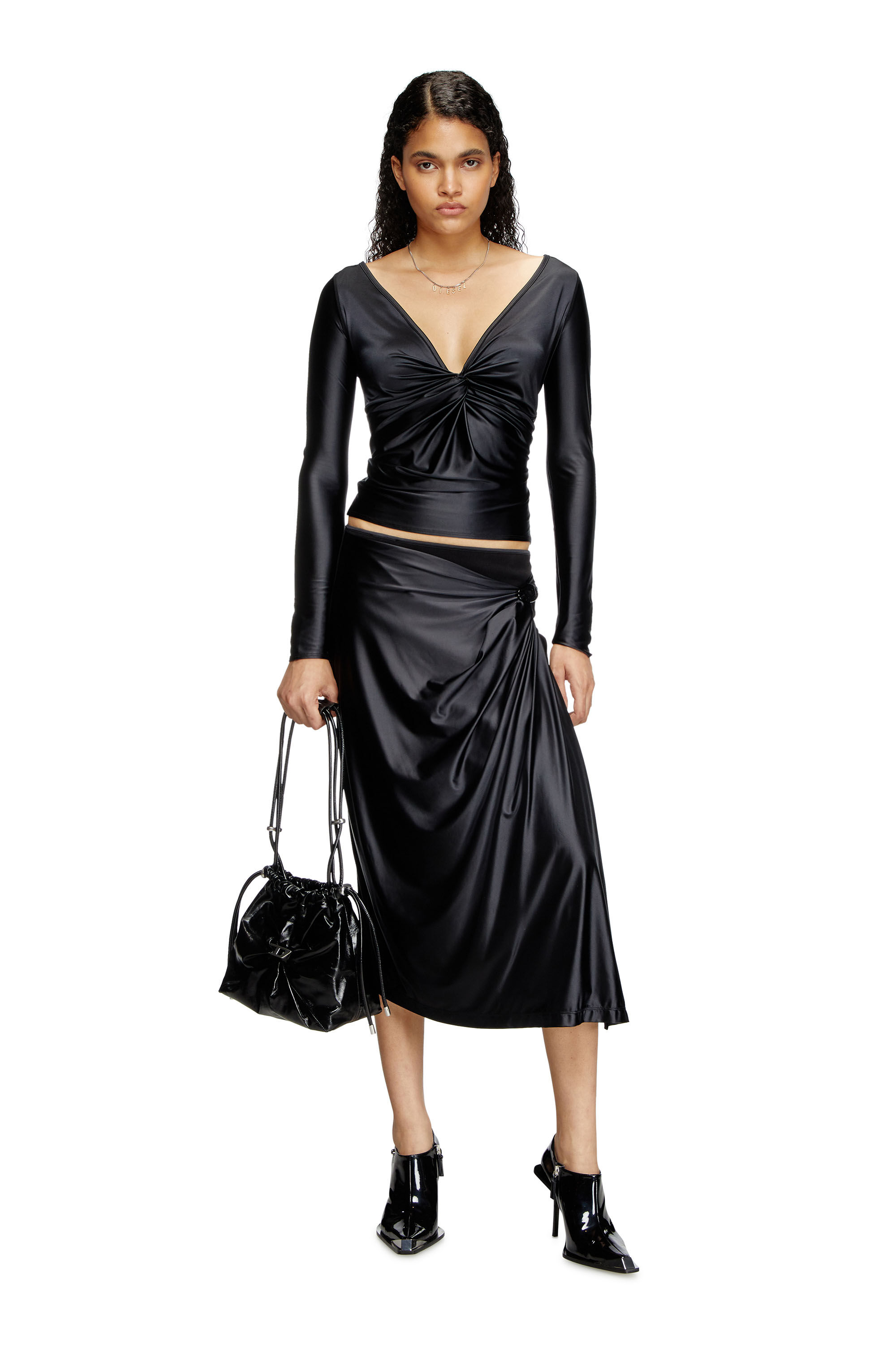 Diesel - T-KNOT, Damen Langarm-Oberteil mit gerafftem V-Ausschnitt und Finish aus Chintz in Schwarz - 1