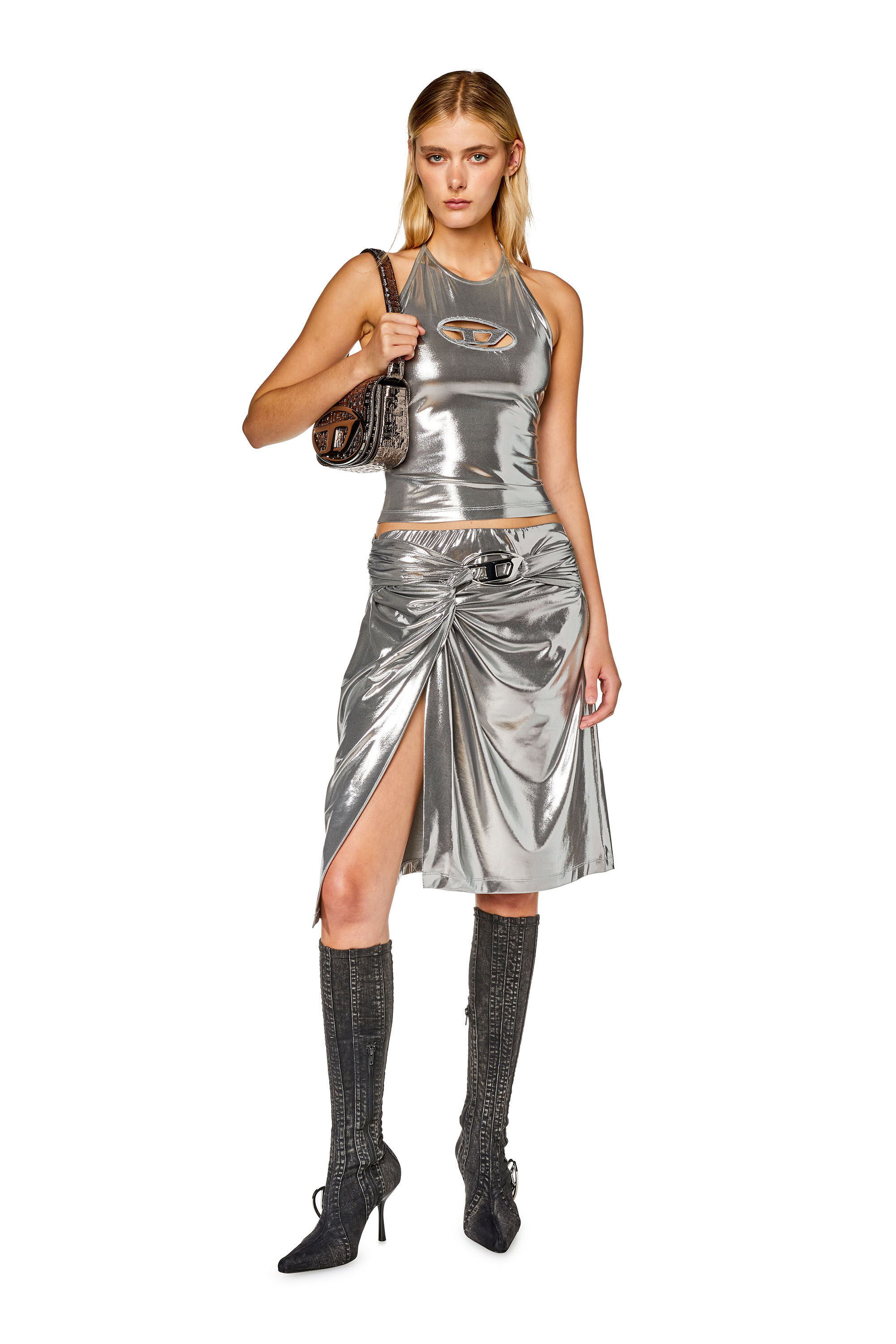 Diesel - O-MELT, Woman Draped midi skirt with foil coating in Silver - Image 1