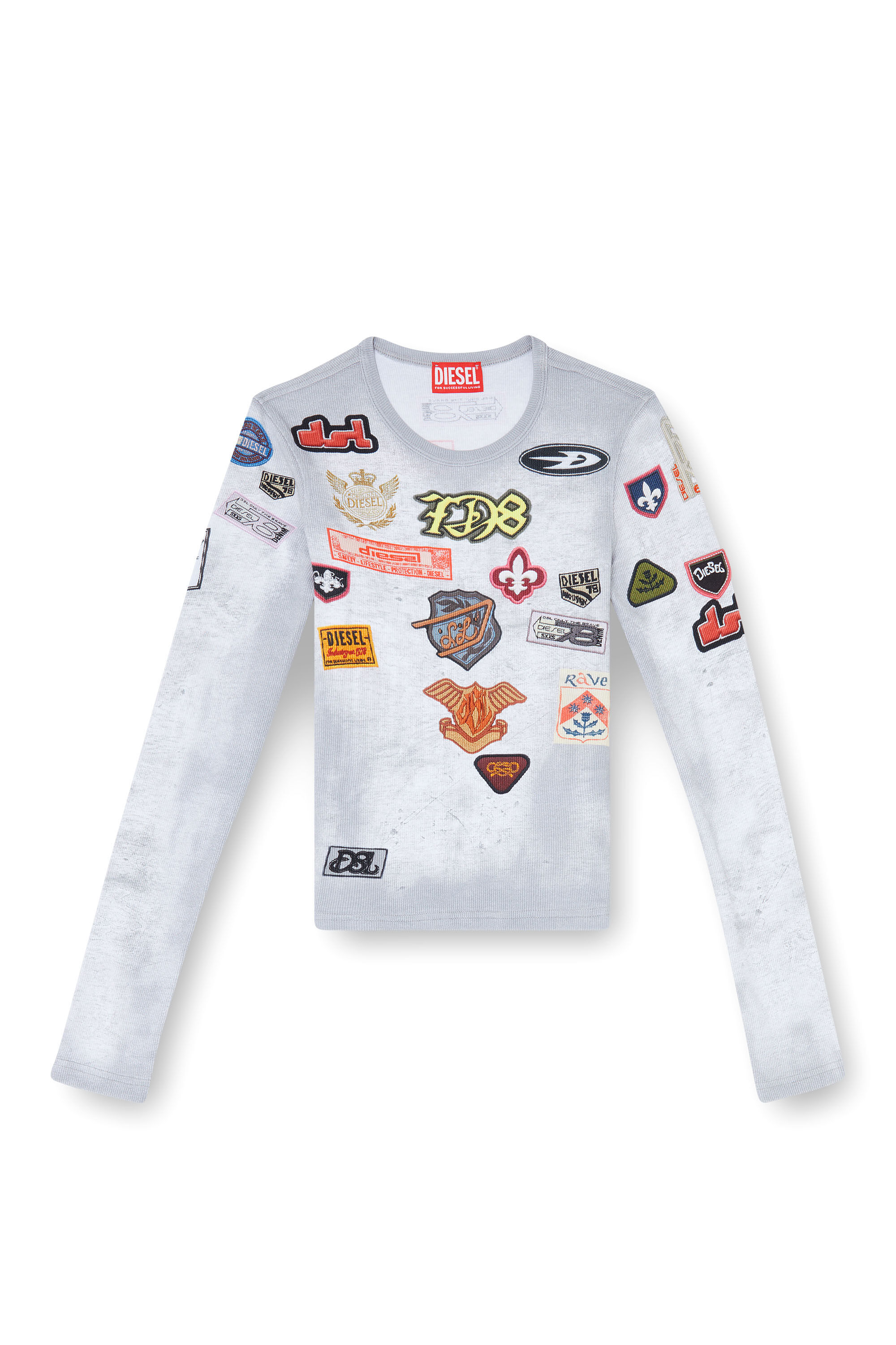Diesel - T-ELE-LONGSLEEVE, Damen Top aus Rippjersey mit all-over Patch-Print in null - 2