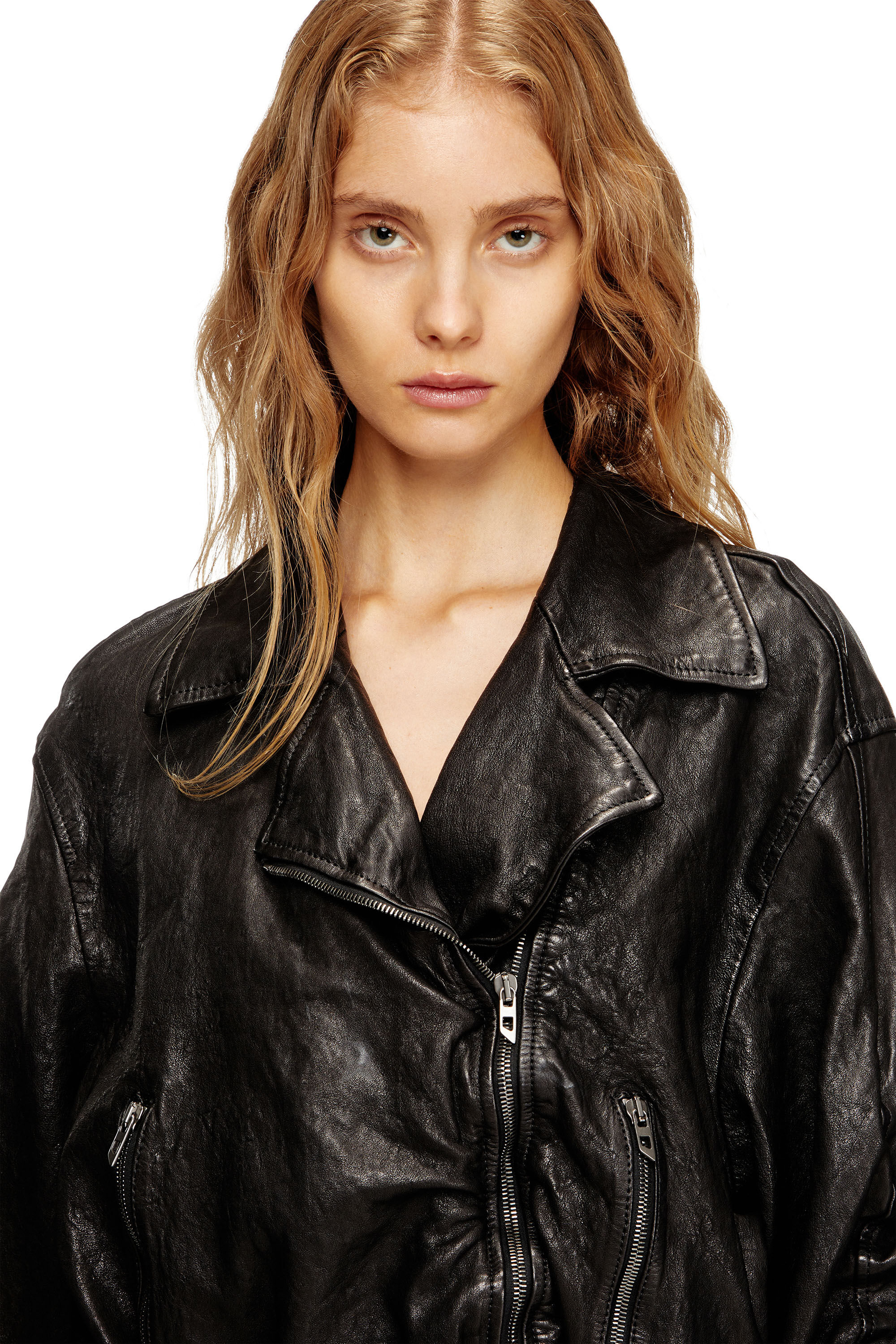 Women's Belted jacket in boiled leather | Black | Diesel
