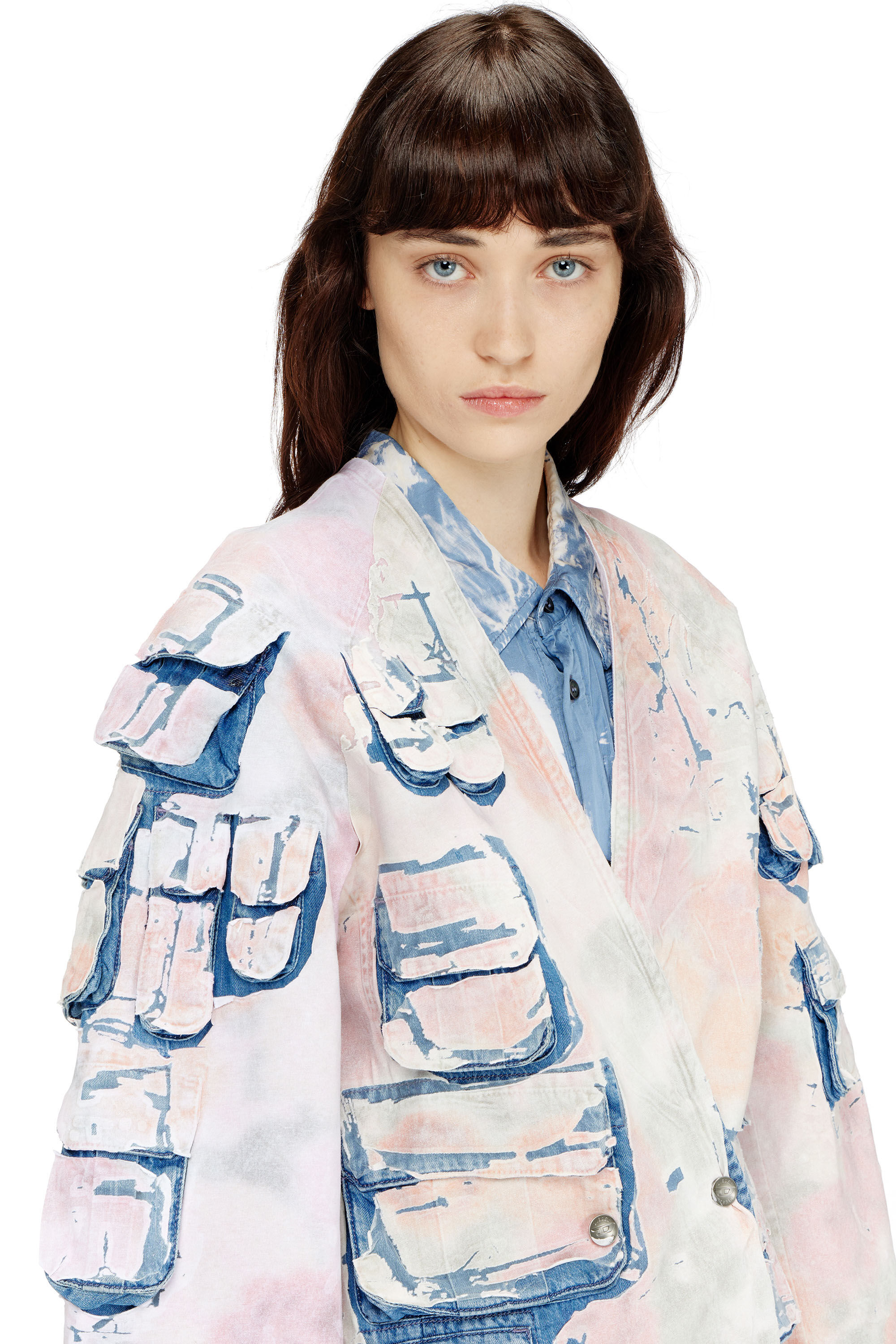 Diesel - DE-SELDOR-FSI, Damen Jeansmantel mit abnehmbaren karierten Jersey-Eins&auml;tzen in Blau/Rosa - 5