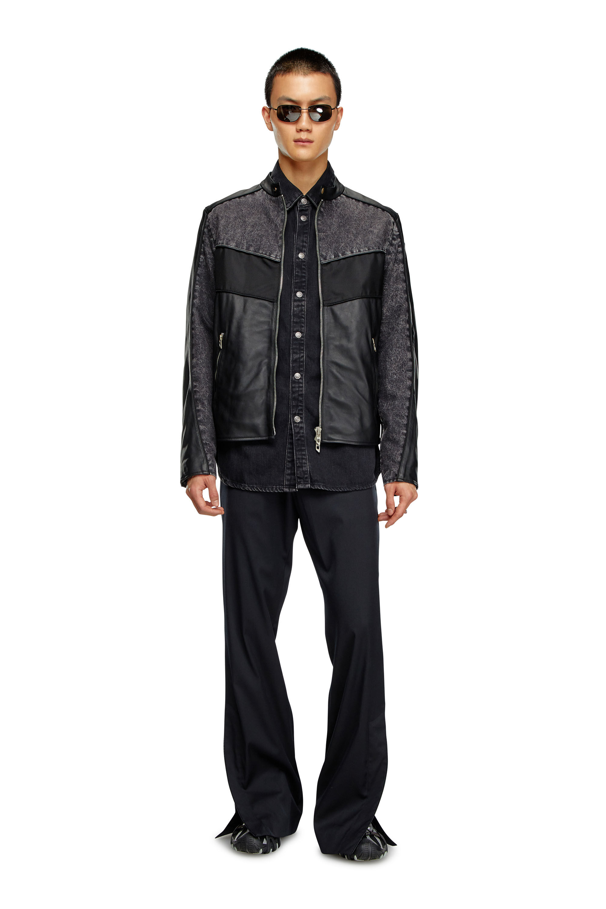 Diesel - L-LEOPOL, Man Denim and shell-panelled leather jacket in Black - Image 1
