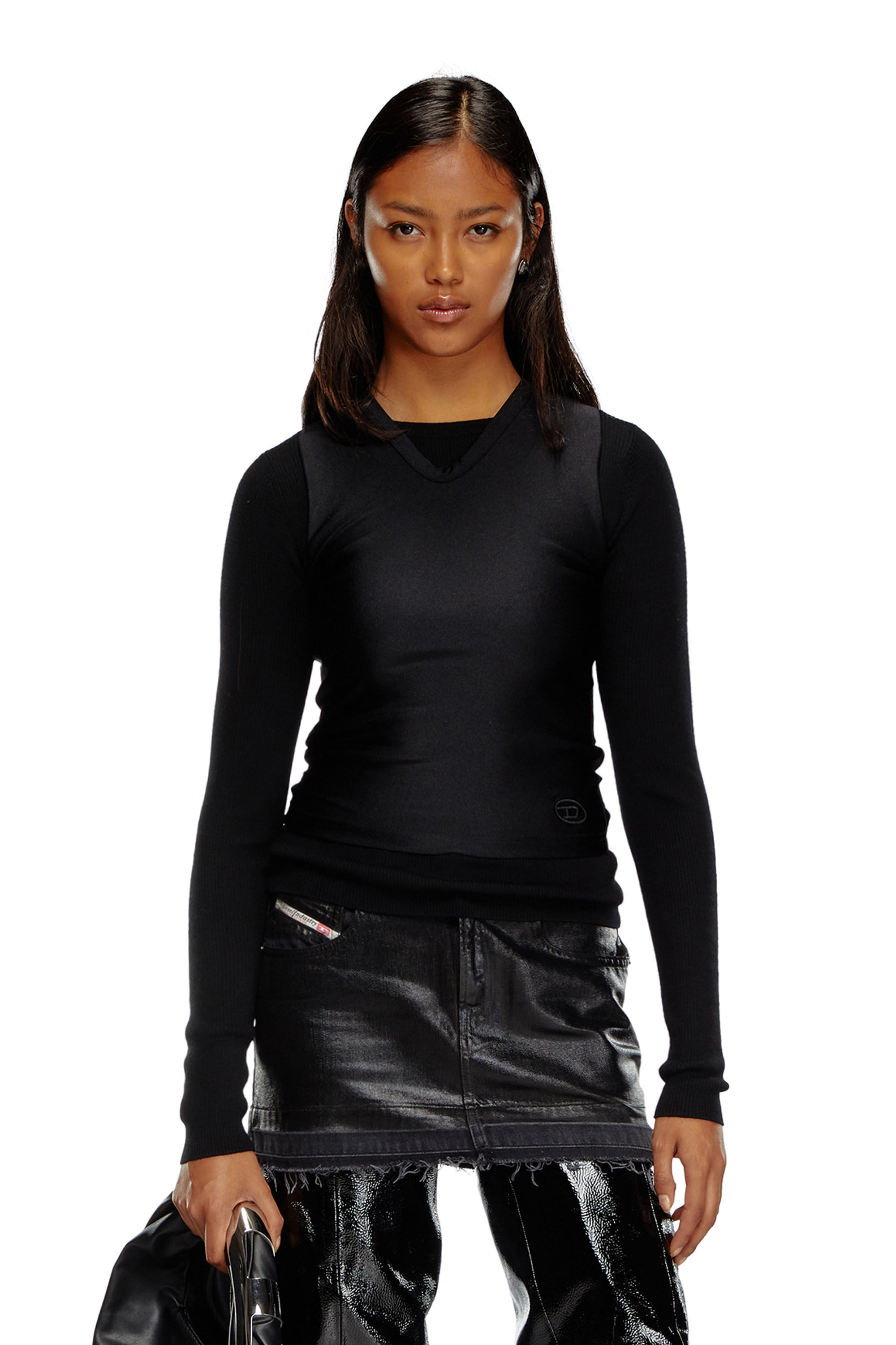 Diesel - M-ROSEL, Damen Oberteil aus Wollstrick mit Tanktop-Overlay in Schwarz - 3