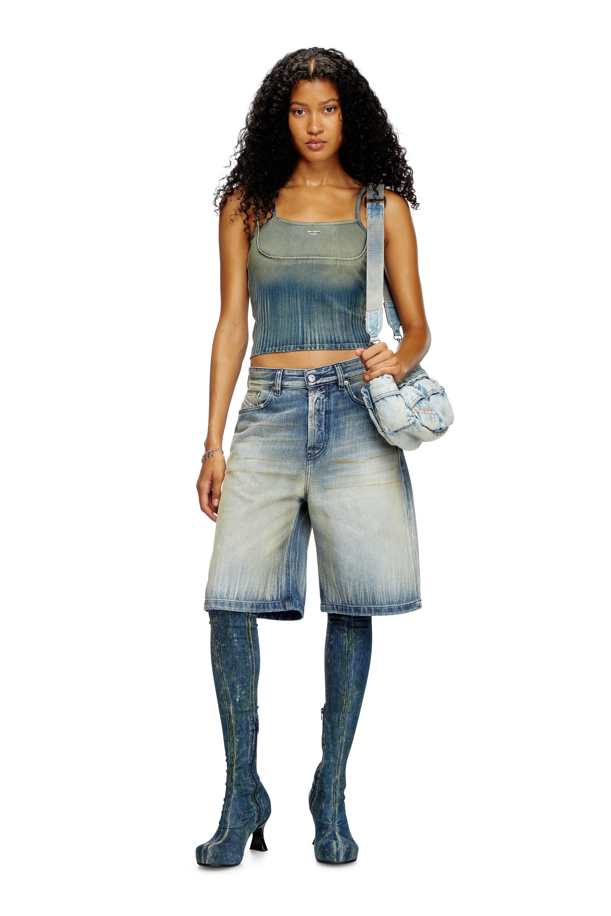 Diesel - DE-MADDY-S, Damen Cropped Top aus leicht gestreiftem Denim in Mittelblau - 1