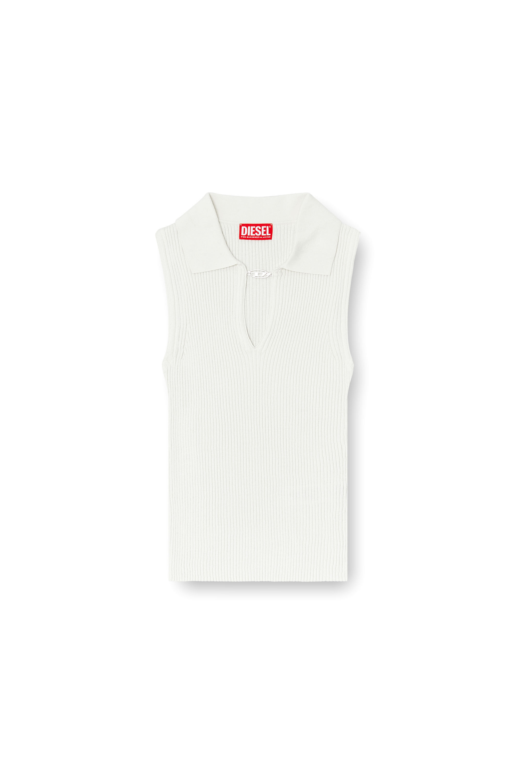 Diesel - M-LILITA, Damen &Auml;rmelloses Polo-Top aus Rippstrick mit Seidenmix in Wei&szlig; - 2