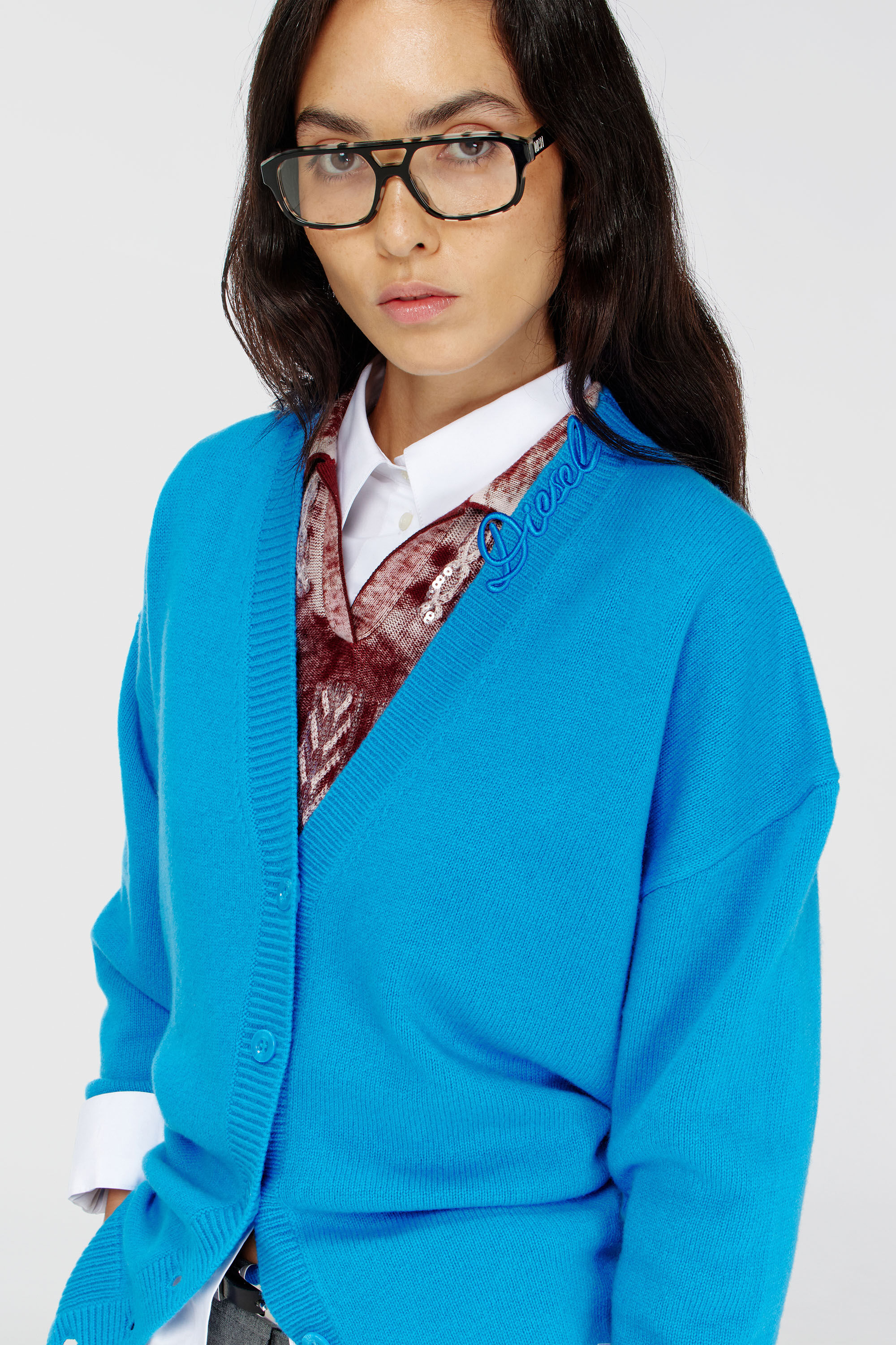 Diesel - M-IMIRA, Damen Wollcardigan mit V-Ausschnitt und Logo am Kragen in Azurblau - 5