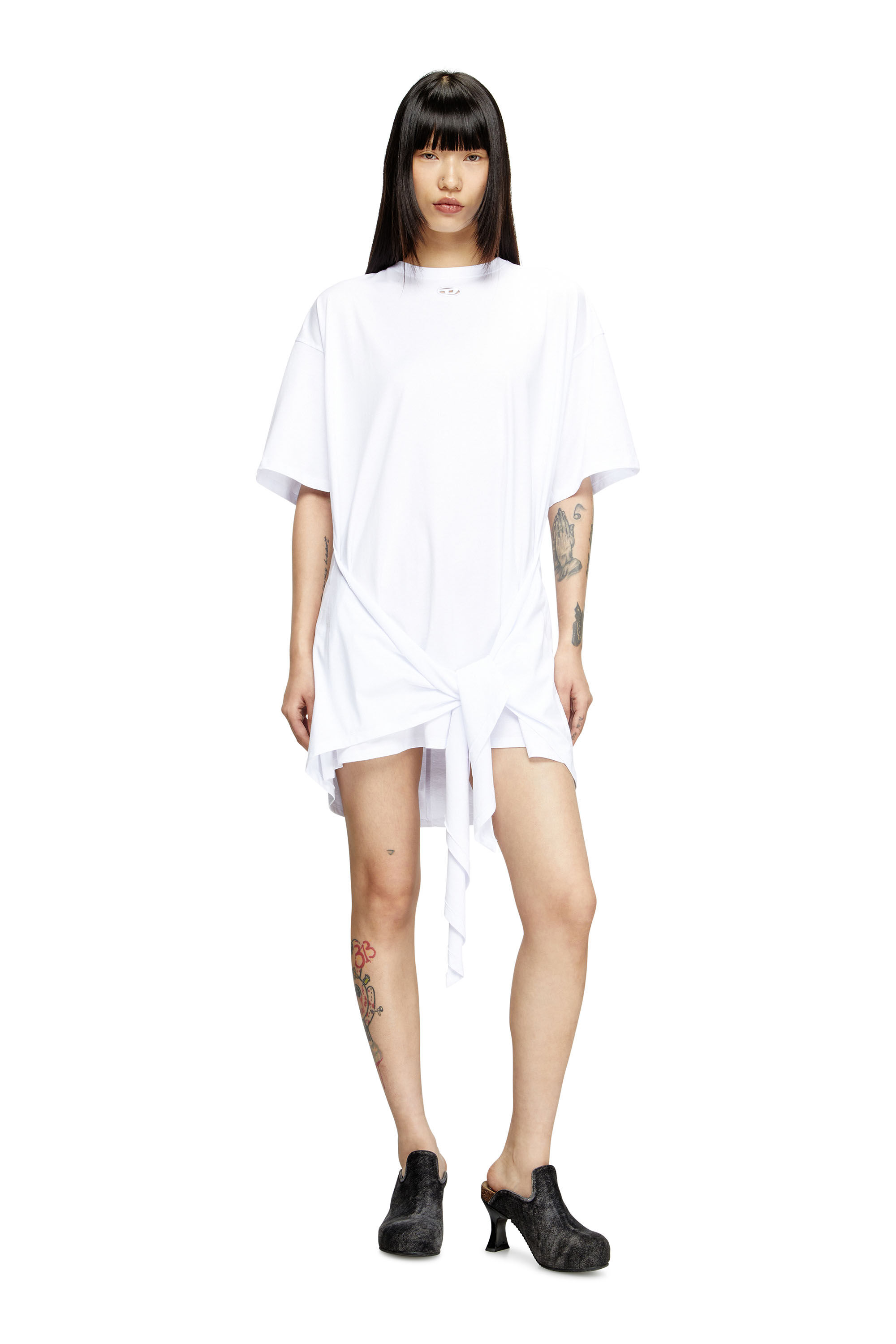 Diesel - D-EIVOR, Damen T-Shirt-Kleid mit Bindeband auf der Vorderseite in Weiß - 3
