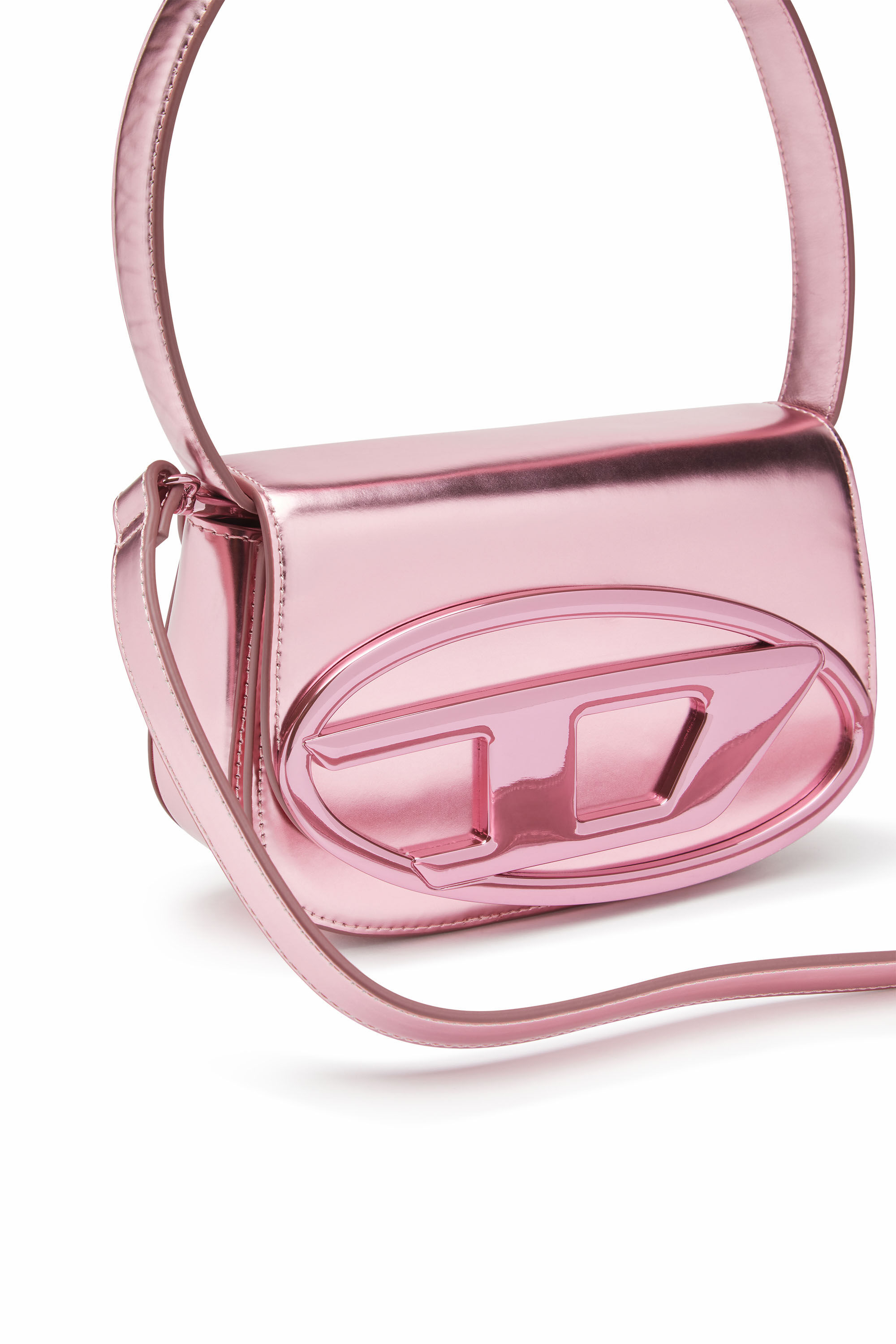 Damen 1DR Ikonische Schultertasche aus Spiegel Leder Rosa Diesel