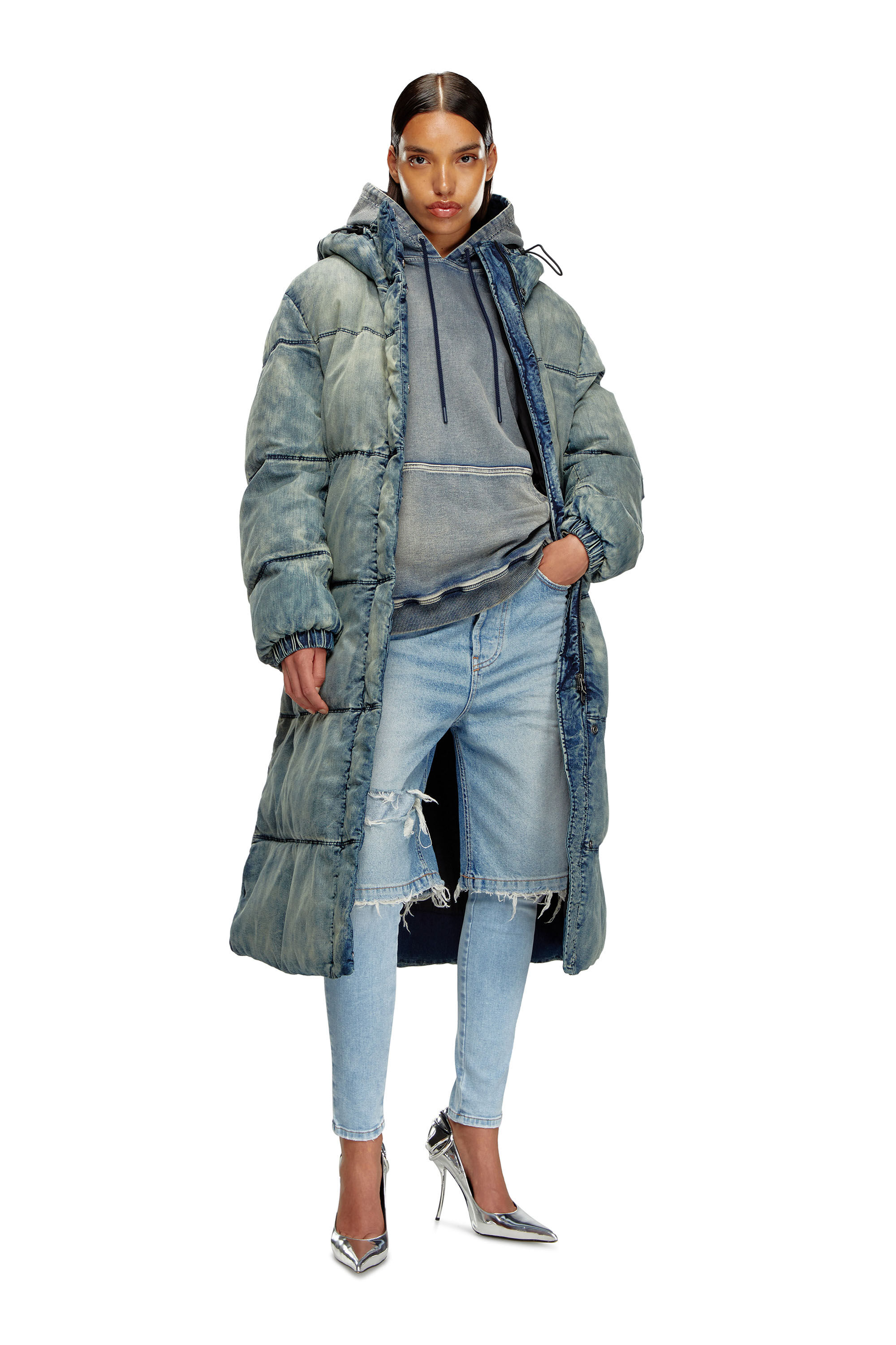 Diesel - W-AVES-LONG, Damen Puffermantel mit Kapuze aus Stretch-Denim in Blau - 1