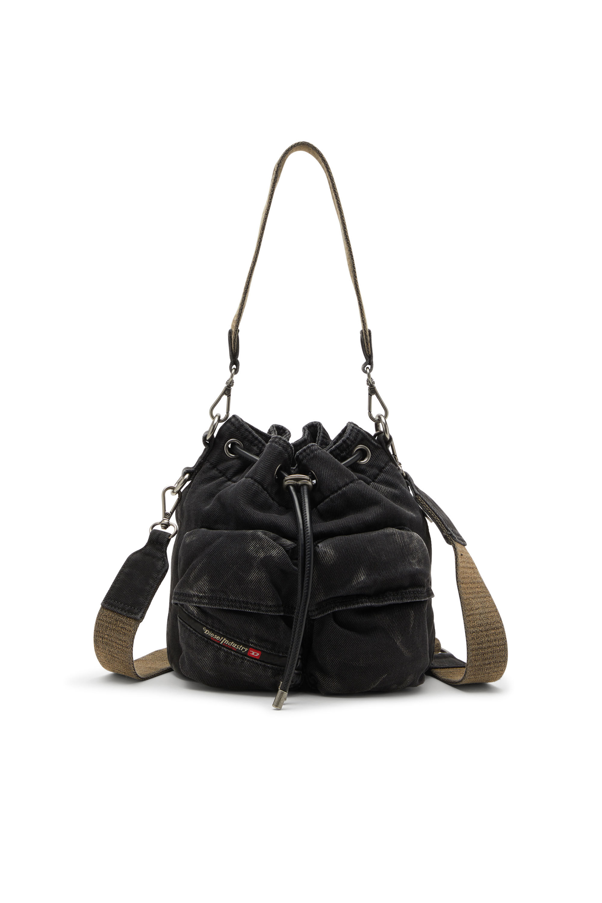 Diesel - MULTI-PKTS BUCKET X, Unisex Multi-Pkts-Multipocket-Beuteltasche aus gewaschenem Denim in Schwarz - 1