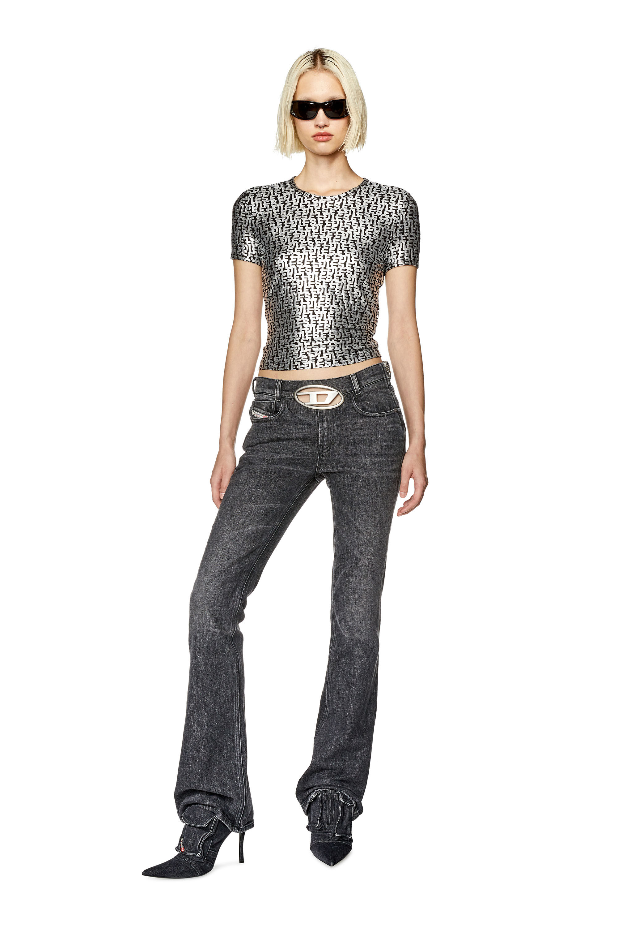 Diesel - T-UNCUTIE-LONG-L5, Damen T-Shirt mit Folien-Monogram-Print in Schwarz/Grau - 1