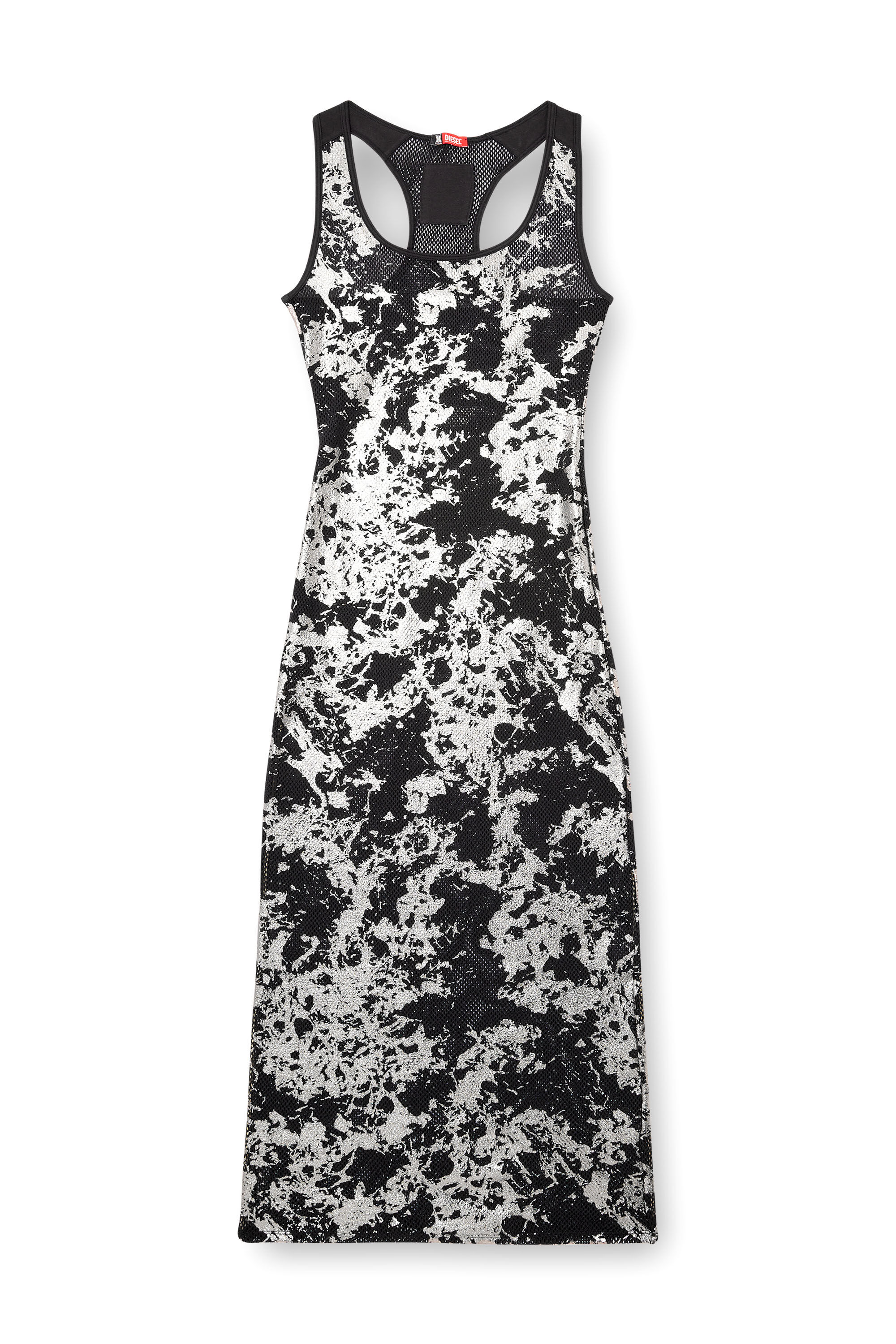 Diesel - FISHNET-SLEEP-SLIP, Damen Langes Slipdress aus folienbeschichtetem Netzstoff in Schwarz/Silber - 2