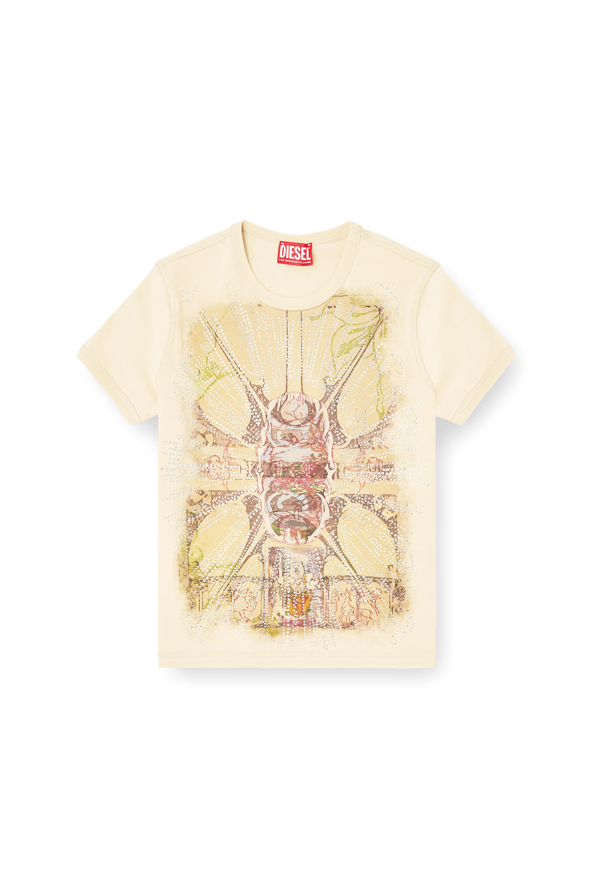 Diesel - T-UNCUTIES-LONG-R14, Woman's T-shirt with rhinestone graphic in Light Brown - 2