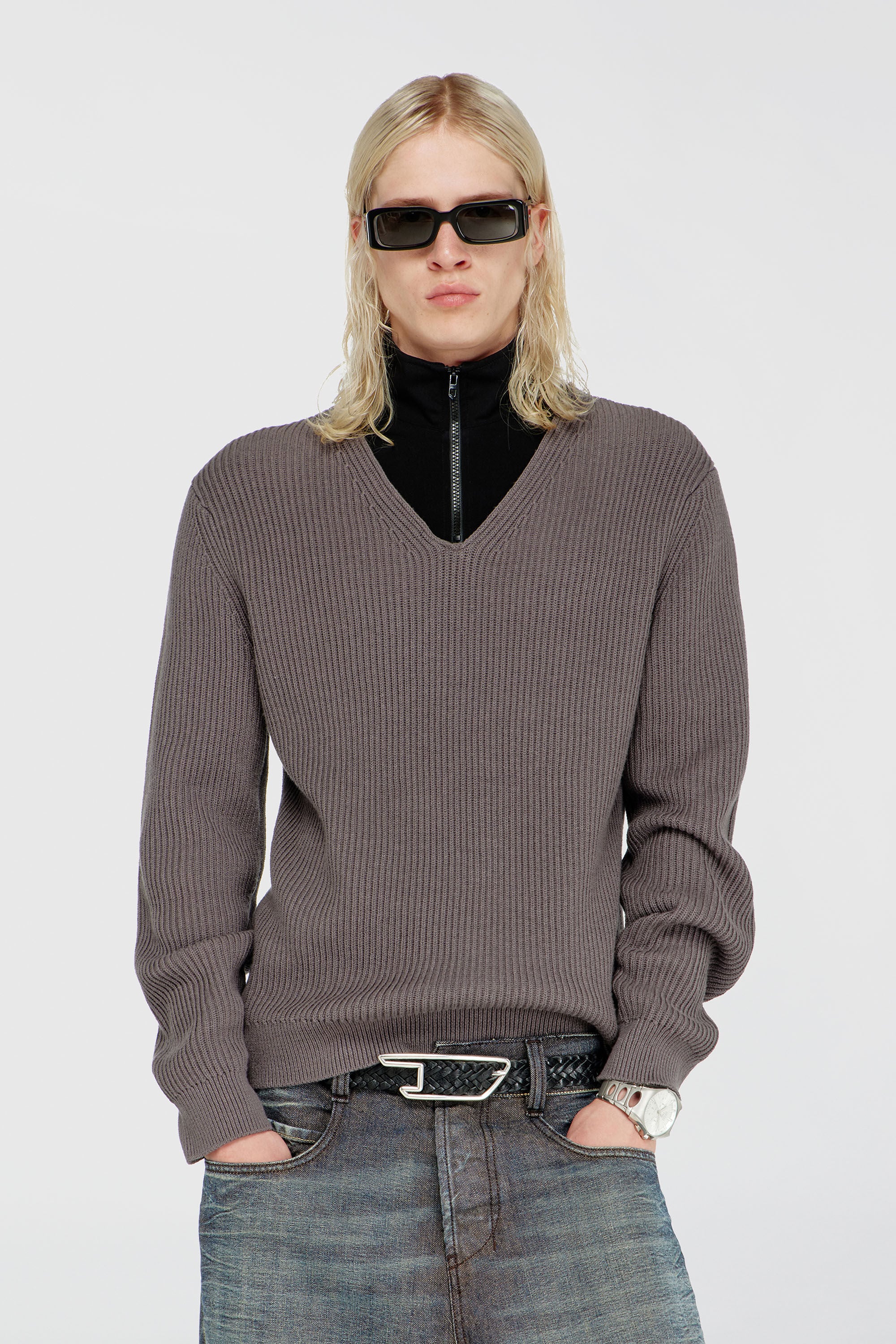 Diesel - K-MAMU, Herren Pullover mit half-zip und doppellagigem Kragen in Schwarz/Grau - 3