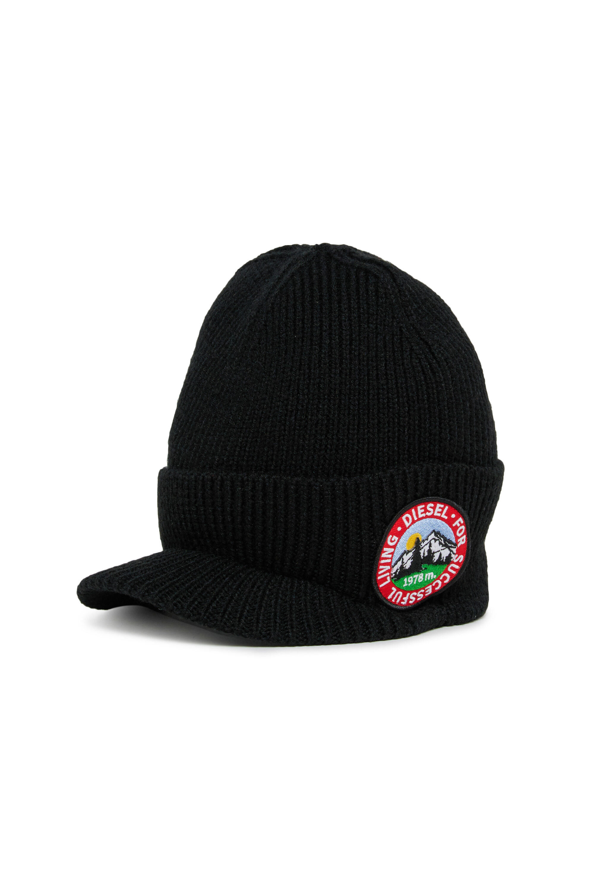 Diesel - FMONTI, Unisex Visor-Beanie aus geripptem Wollstrick in Schwarz - 1