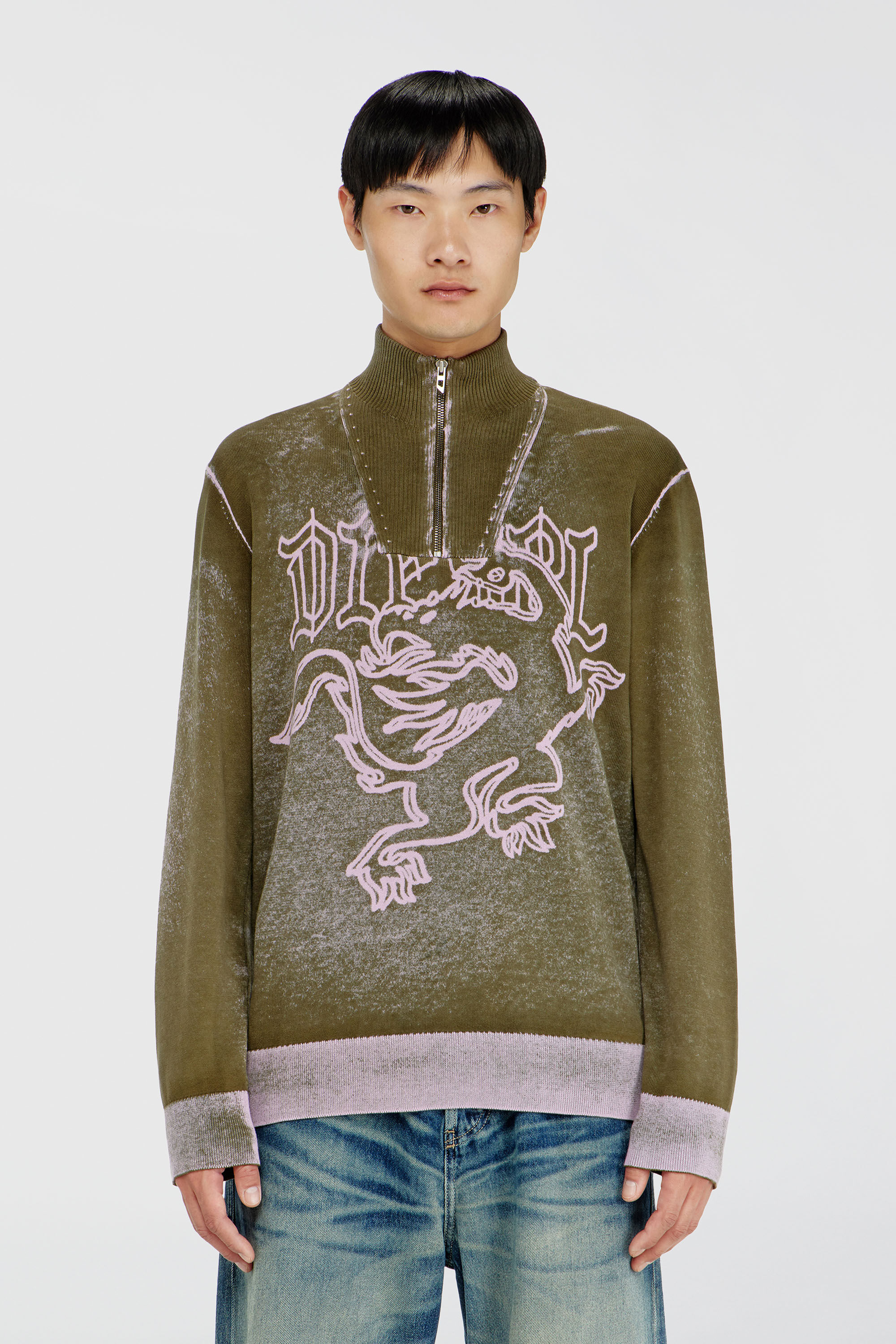 Diesel - K-LAUTARE, Herren Behandelter Half-zip-Pullover mit griffin-Motiv in Armeegr&uuml;n - 3