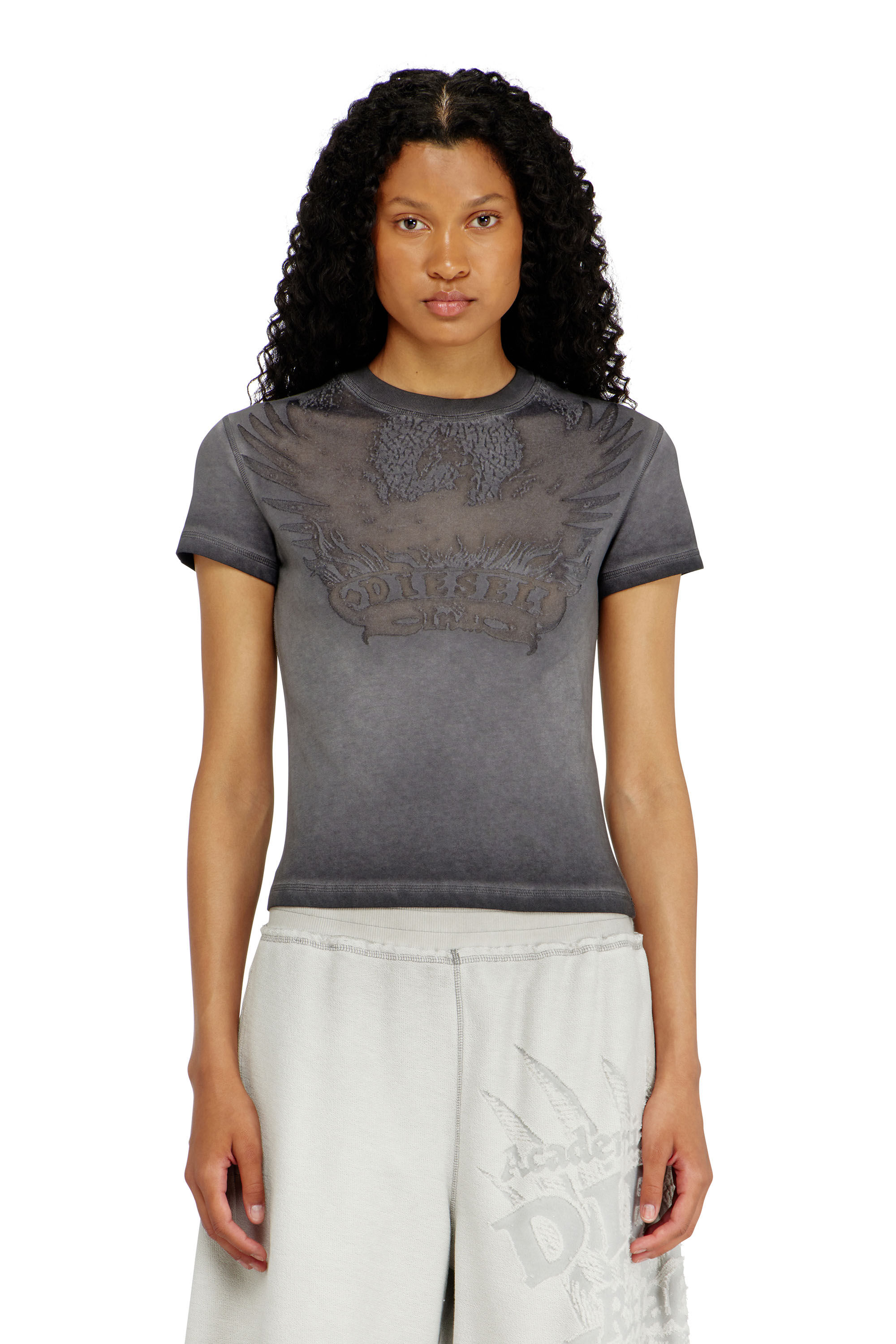 Diesel - T-ILA-AA7, Damen Slim T-shirt mit d&eacute;vor&eacute; Phoenix in Grau - 3