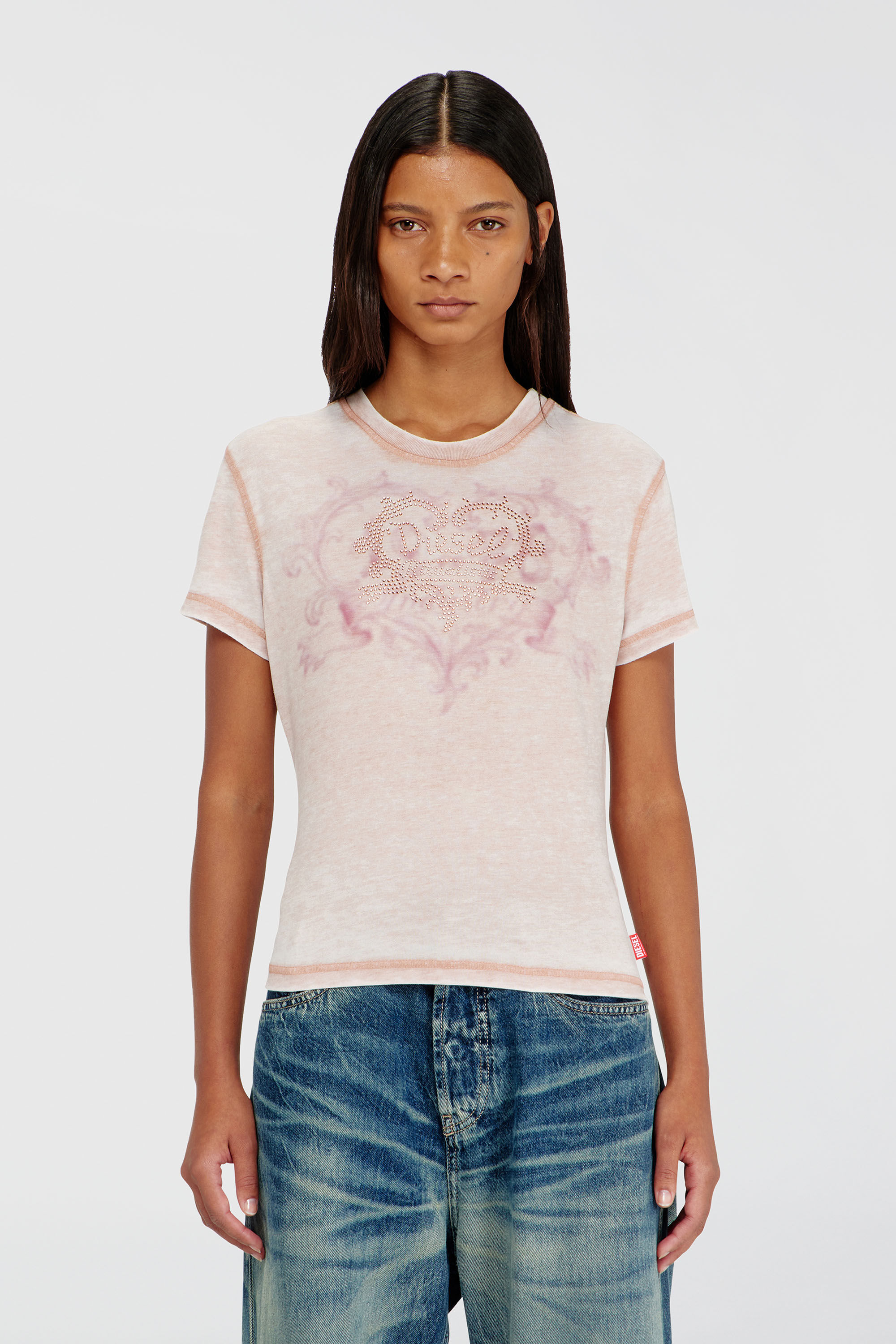 Diesel - T-ILA-AA1, Damen Jersey-T-Shirt mit Strasssteinen und burnout effect in Gesichtspuder - 3
