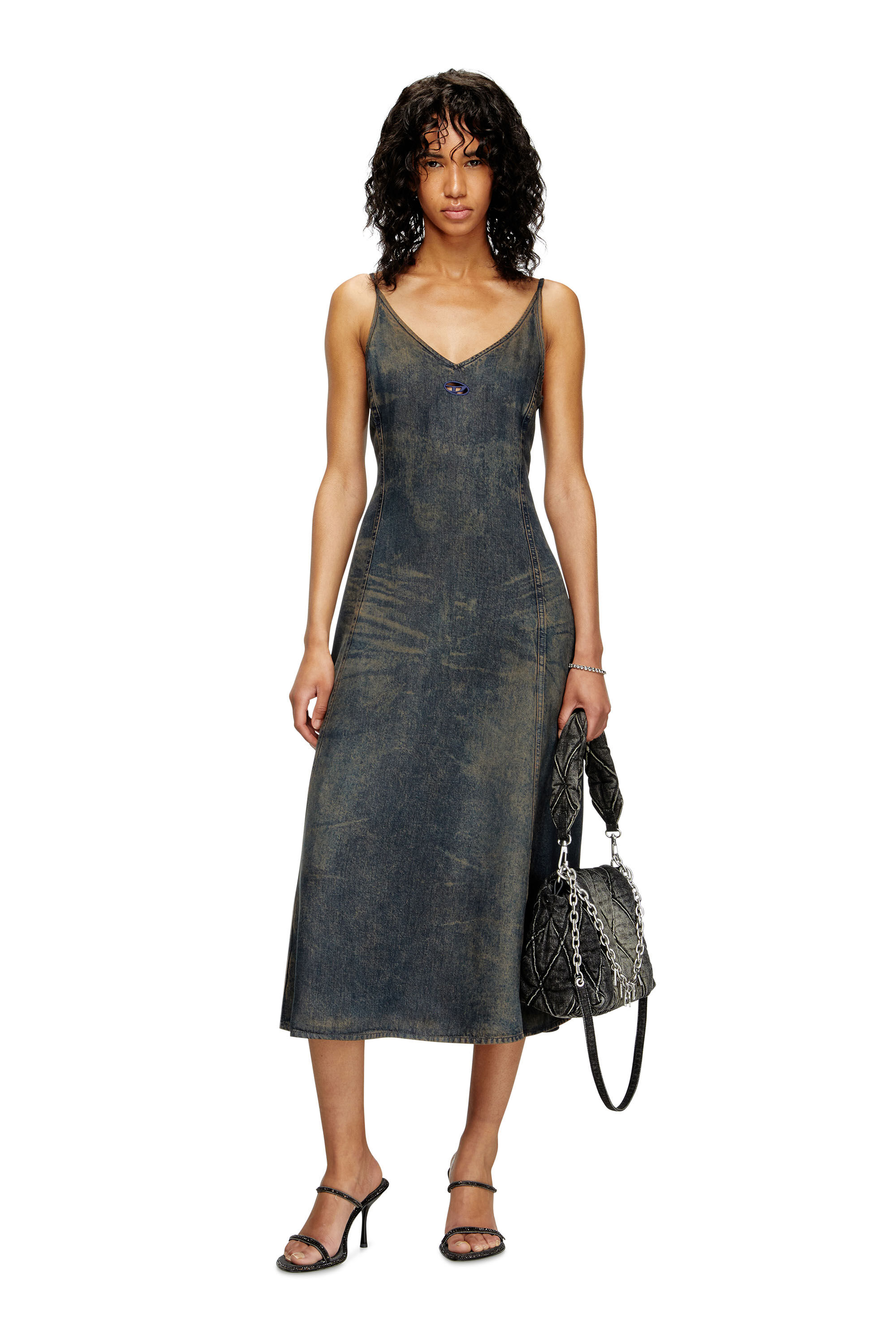 Diesel - DE-BELD-S, Damen Midi-Kleid aus fließendem Denim mit Schmutz-Effekt in null - 1